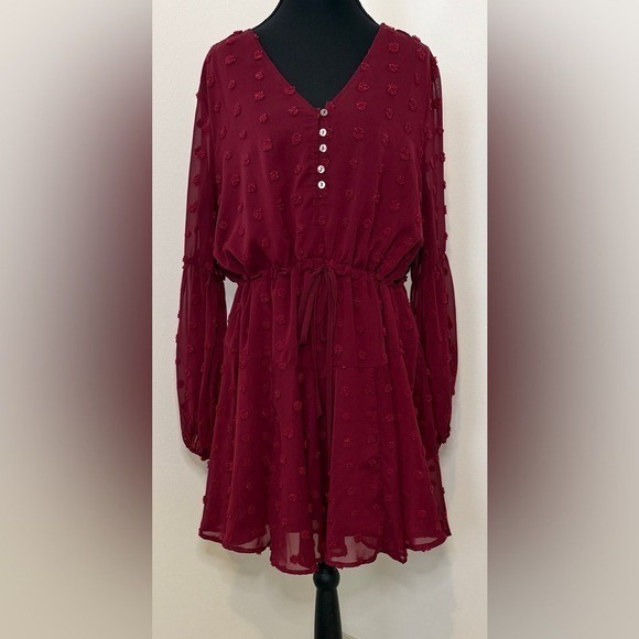 Entro Burgundy Swiss Dot Mini Dress V-Neck Bishop Sleeve Wine Red Boho Large