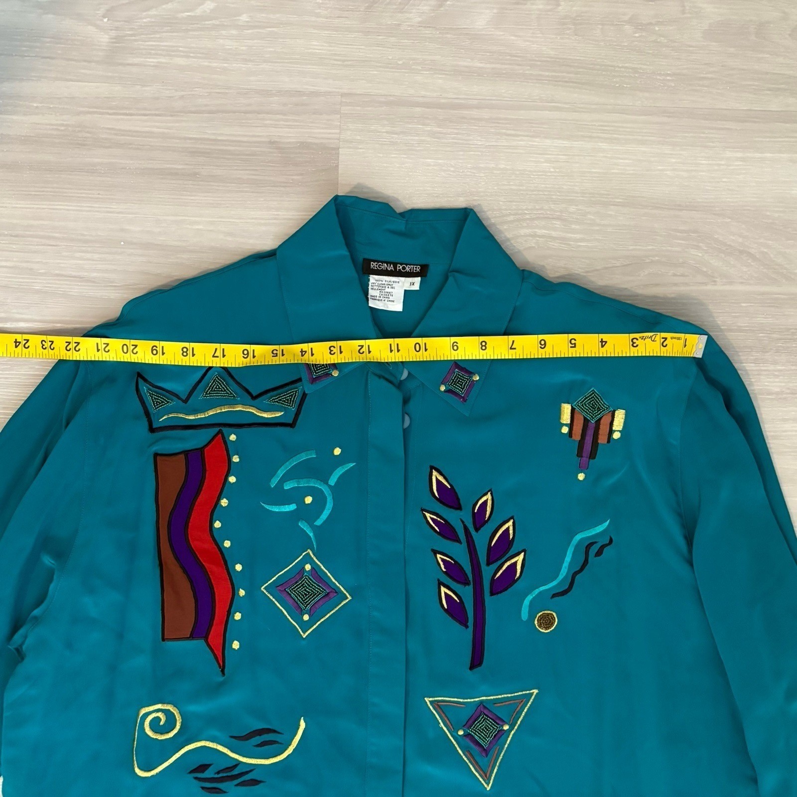 Regina Porter Womens Blouse Vintage 100% Silk Teal Abstract Embroidered Size 1X