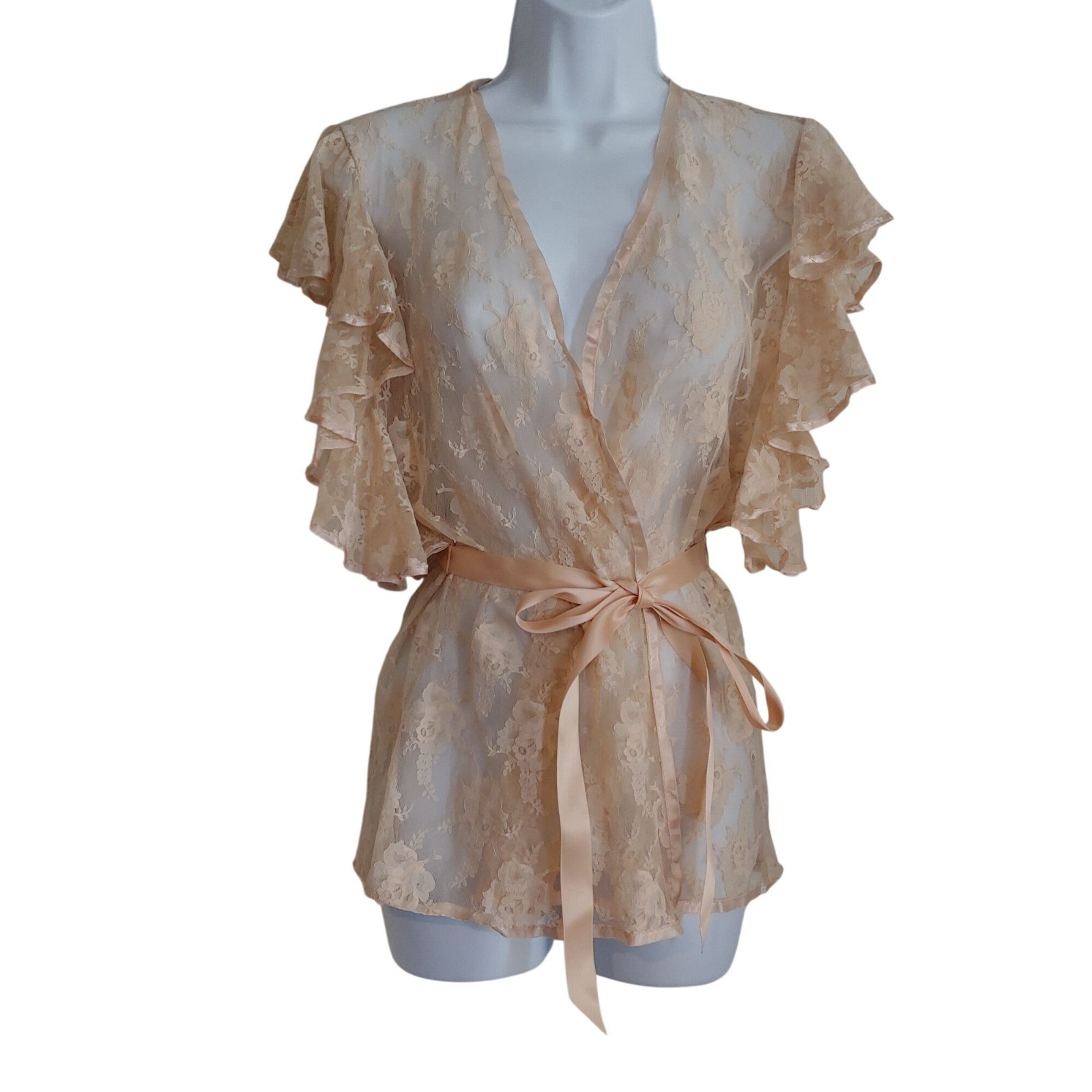 Vtg Emil Bole Lace Wrap Lace Blush Lingerie Boho Fairy Sleeve Boudoir Romantic S