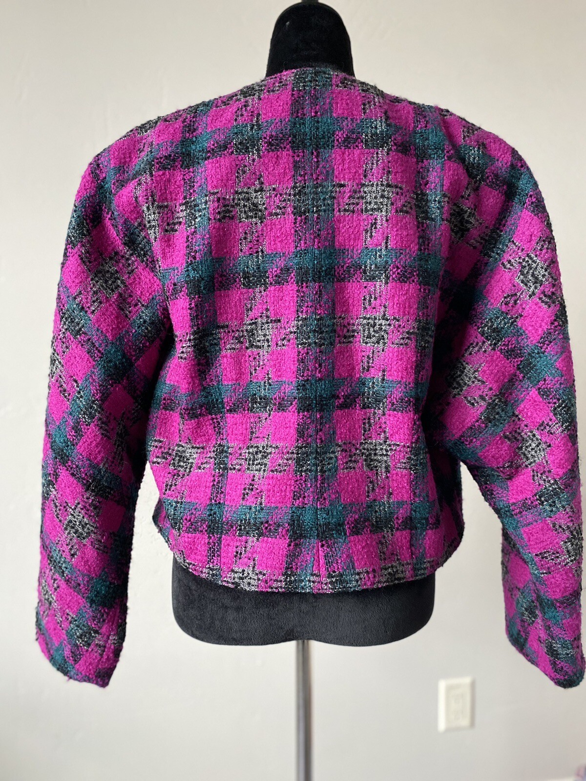 mr. jax Womens Blazer SIZE 12 Magenta Plaid Wool Dolman Sleeve Made in Canada
