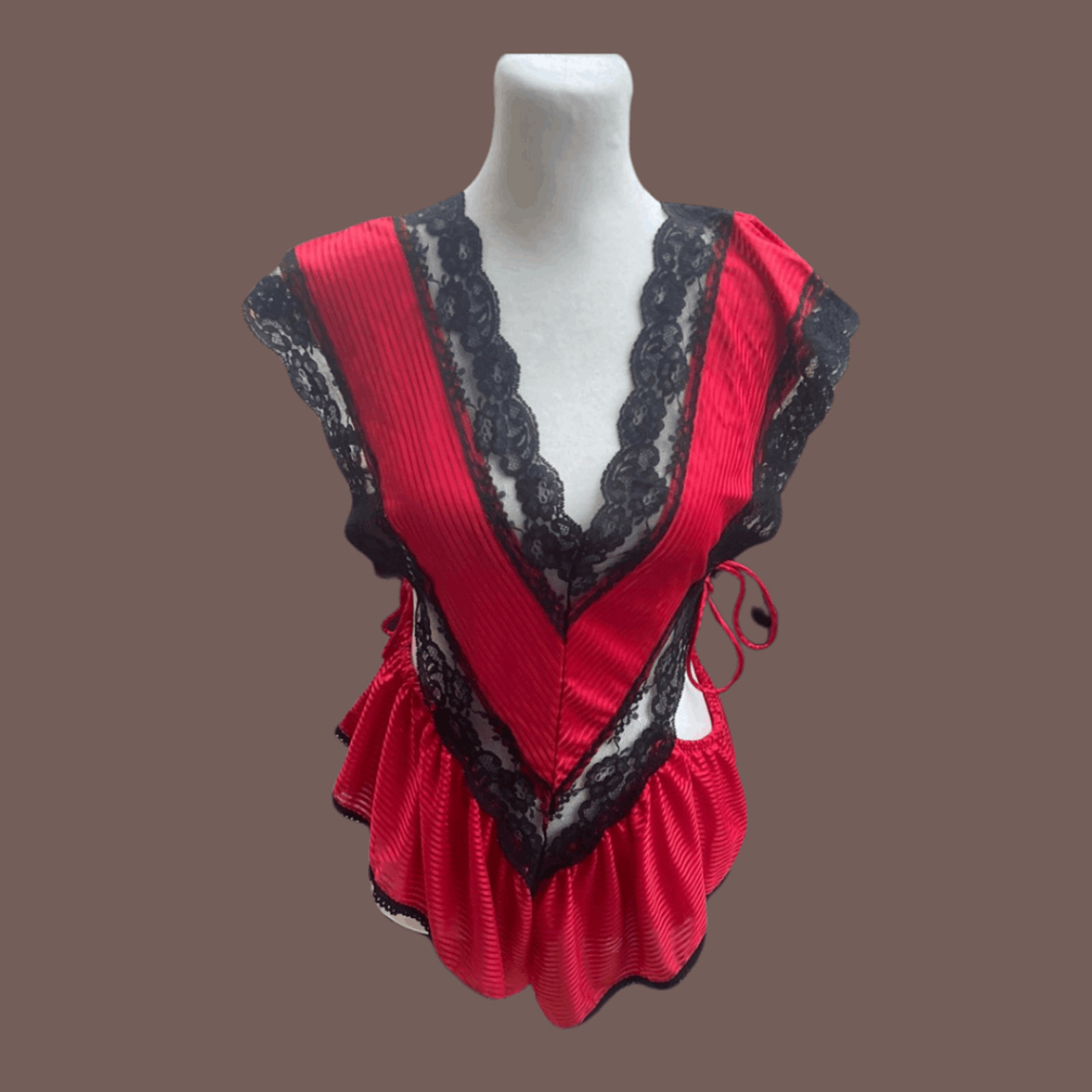 Vintage Stroke of Midnight Red Lingerie Top Black Lace Size L 80s