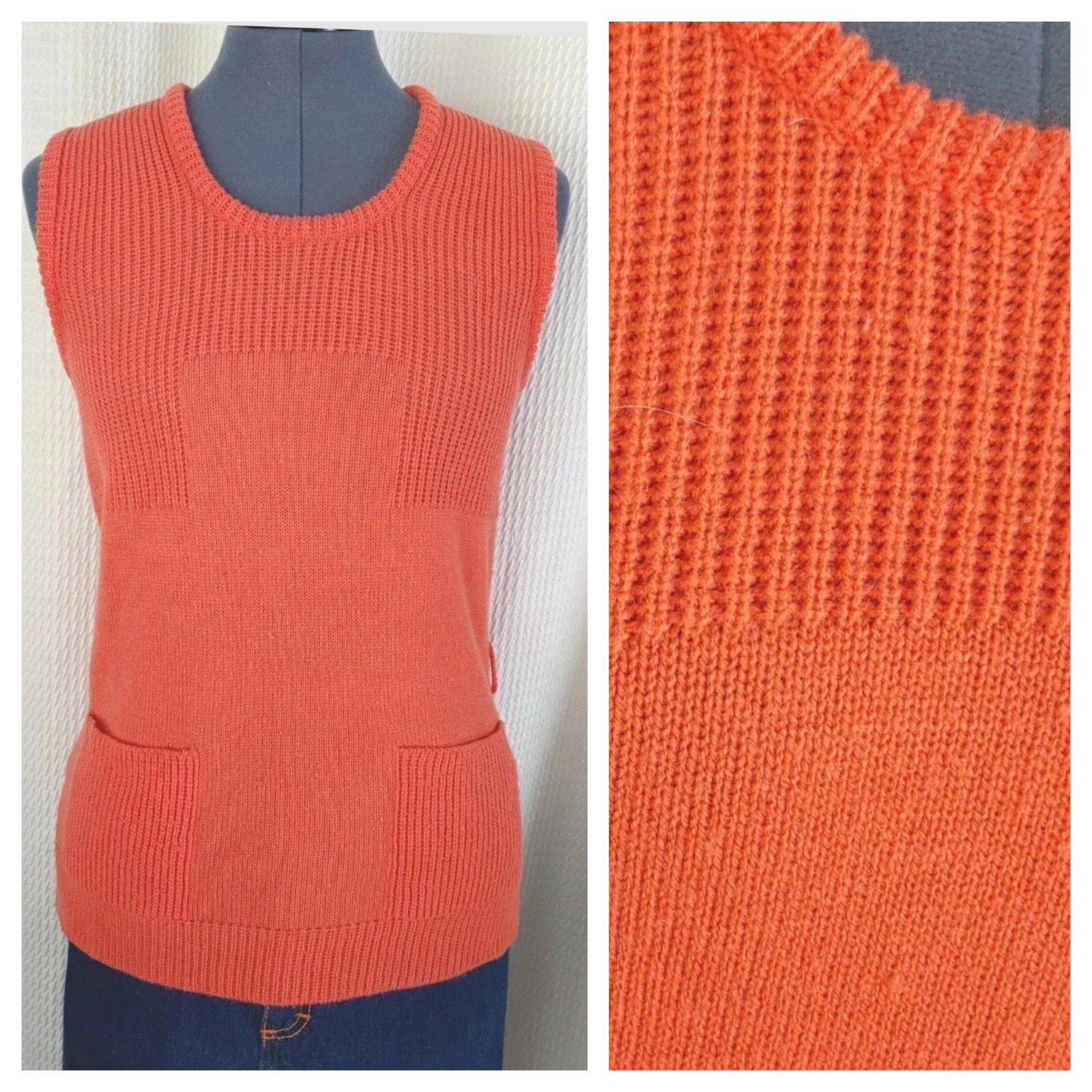 Vintage Tami Orange Acrylic Sleeveless Sweater with Front Pockets Size Medium