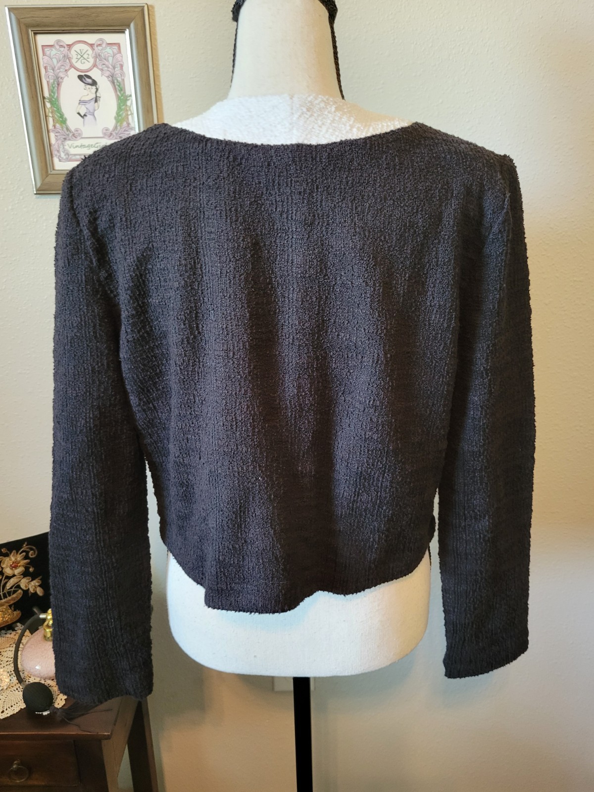 90s Preppy Black w/ White Trim Knit Longsleeve Crop Top, Gold Buttons, Size L