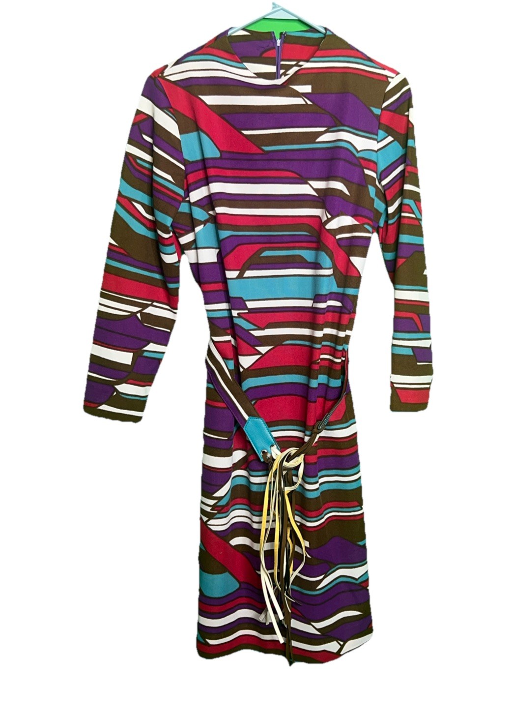 VTG 70’s Brown, teal, white and purple Sleeve Dress M/L Zip Front Midi