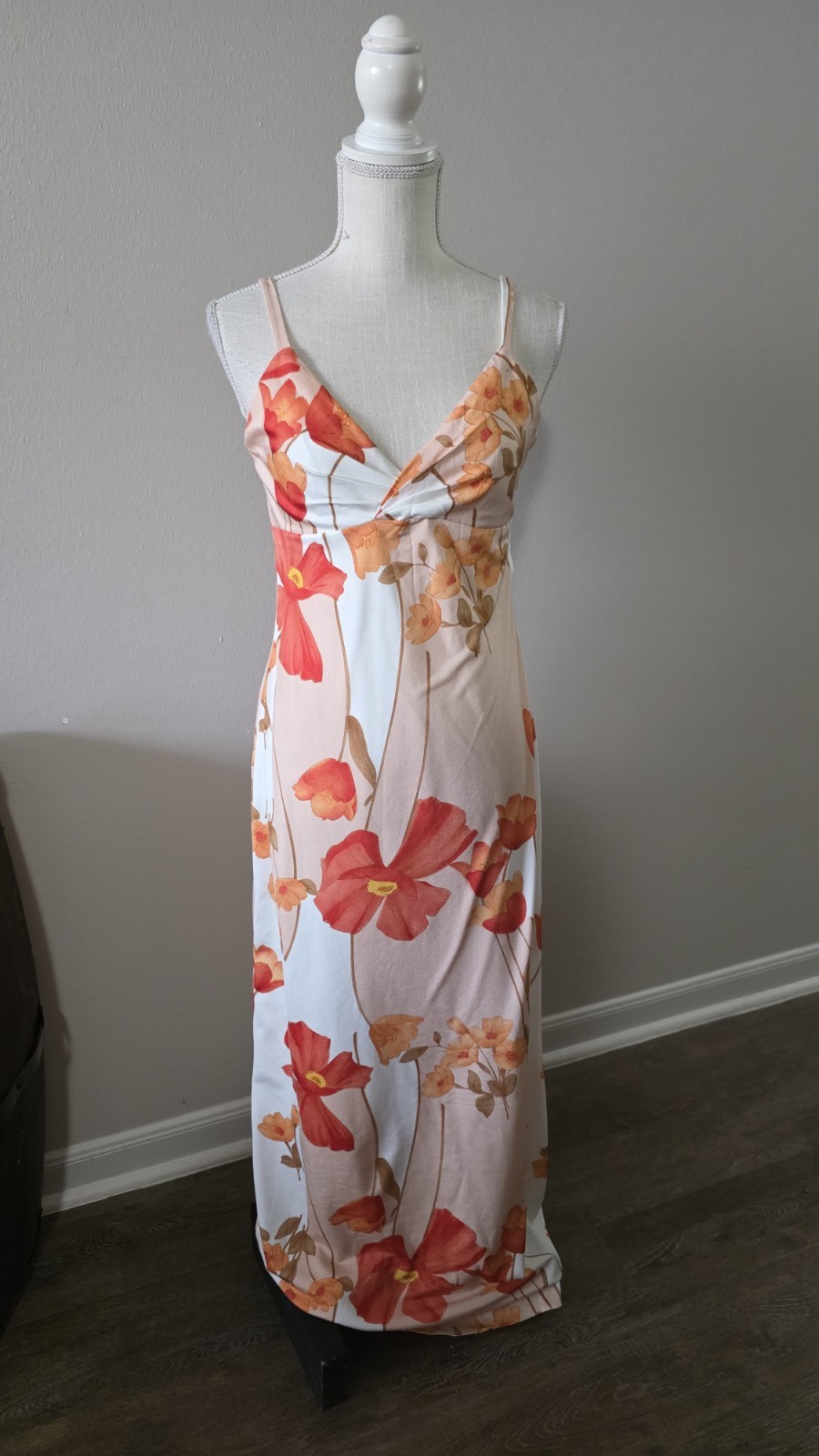 Vintage Hawaiian Maxi Dress S Small Vogue Paris Original Orange Floral Print