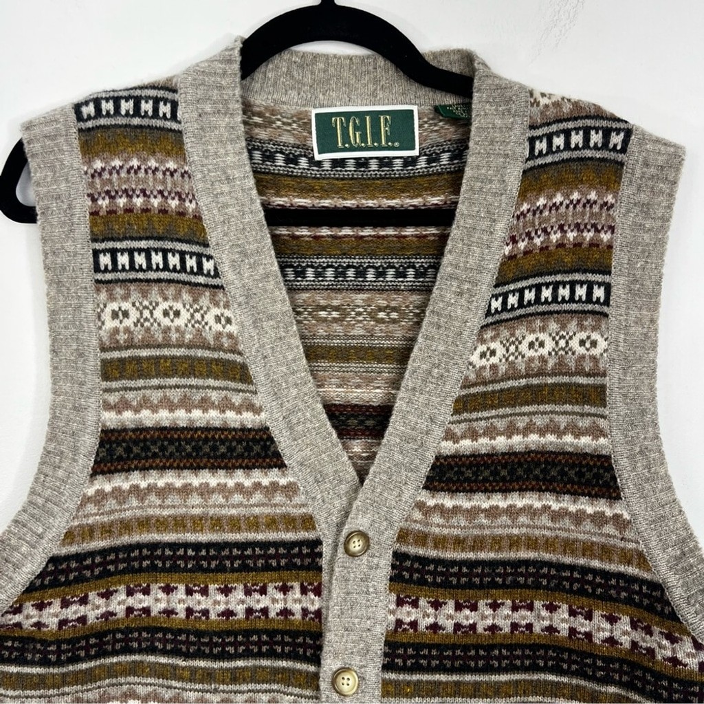 Vintage 80s 90s pure wool grey tan fair isle button front grandpa sweater vest M