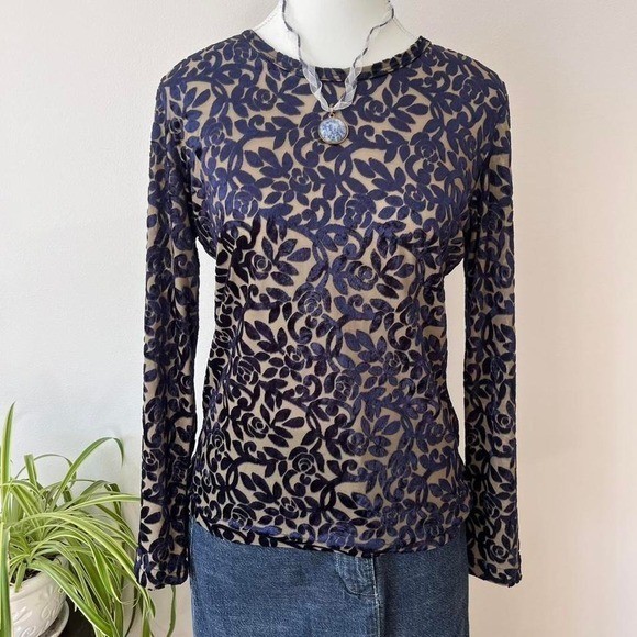 Vintage Ness Velvet Burnout Long Sleeve Womens sz m Blue renaissance witchcore