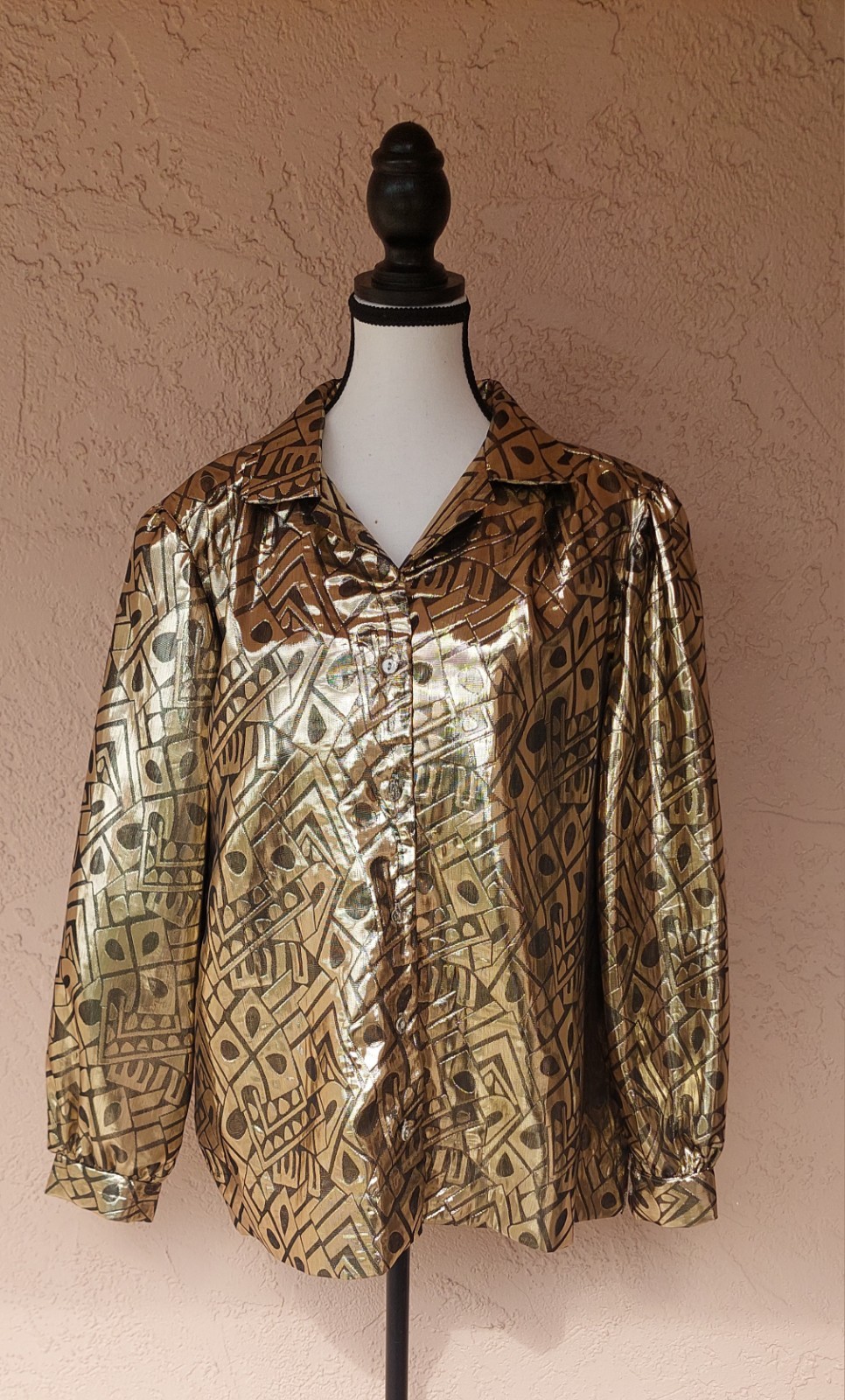 Vintage Lori of California Blouse Womens Sz 38 Metallic Printed Long Sleeves