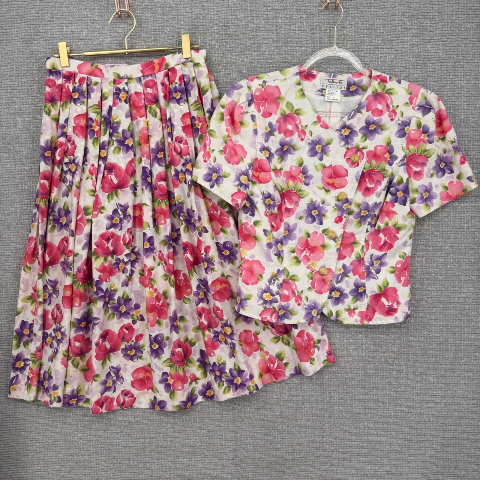 Vintage Talbots Petites Skirt Set Womens 10P Pink Purple Floral Linen Cottage