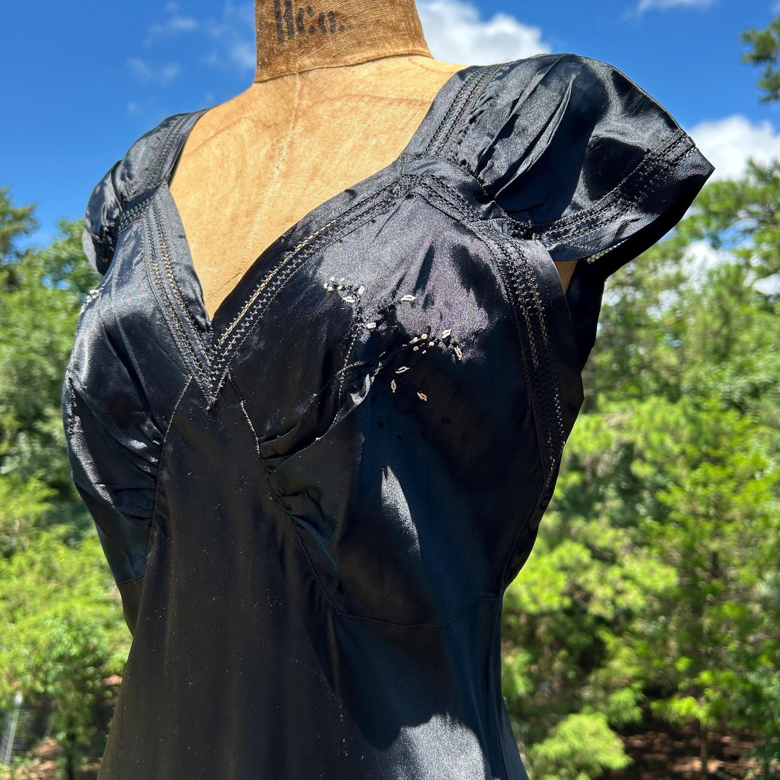 Vintage 30s Black Liquid Satin Embroidered Bias Cut Negligee Maxi Slip Dress S
