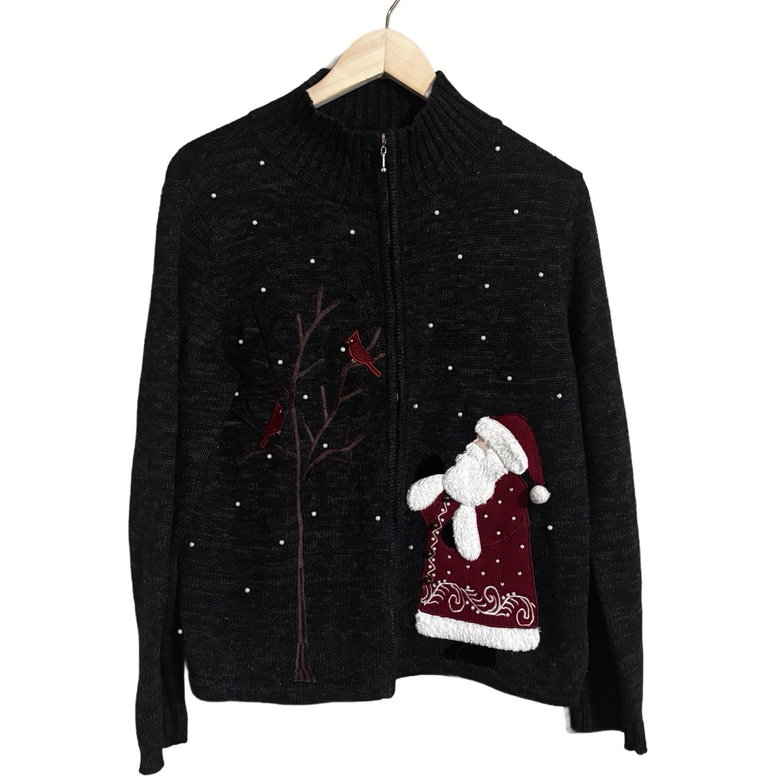 VINTAGE Mandal Bay Festive Charcoal Santa Women’s Zip Up Cardigan Size Medium