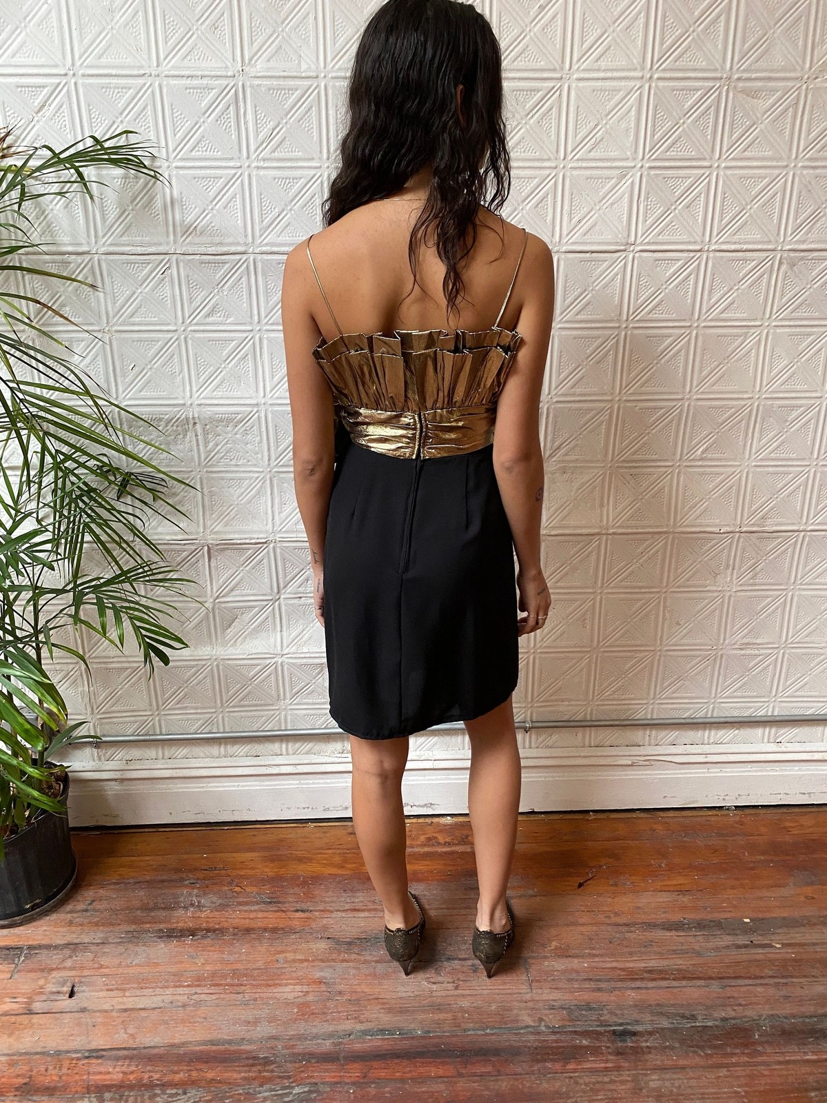 vintage 80s prom dress / 1980s black and gold metallic cocktail party dress