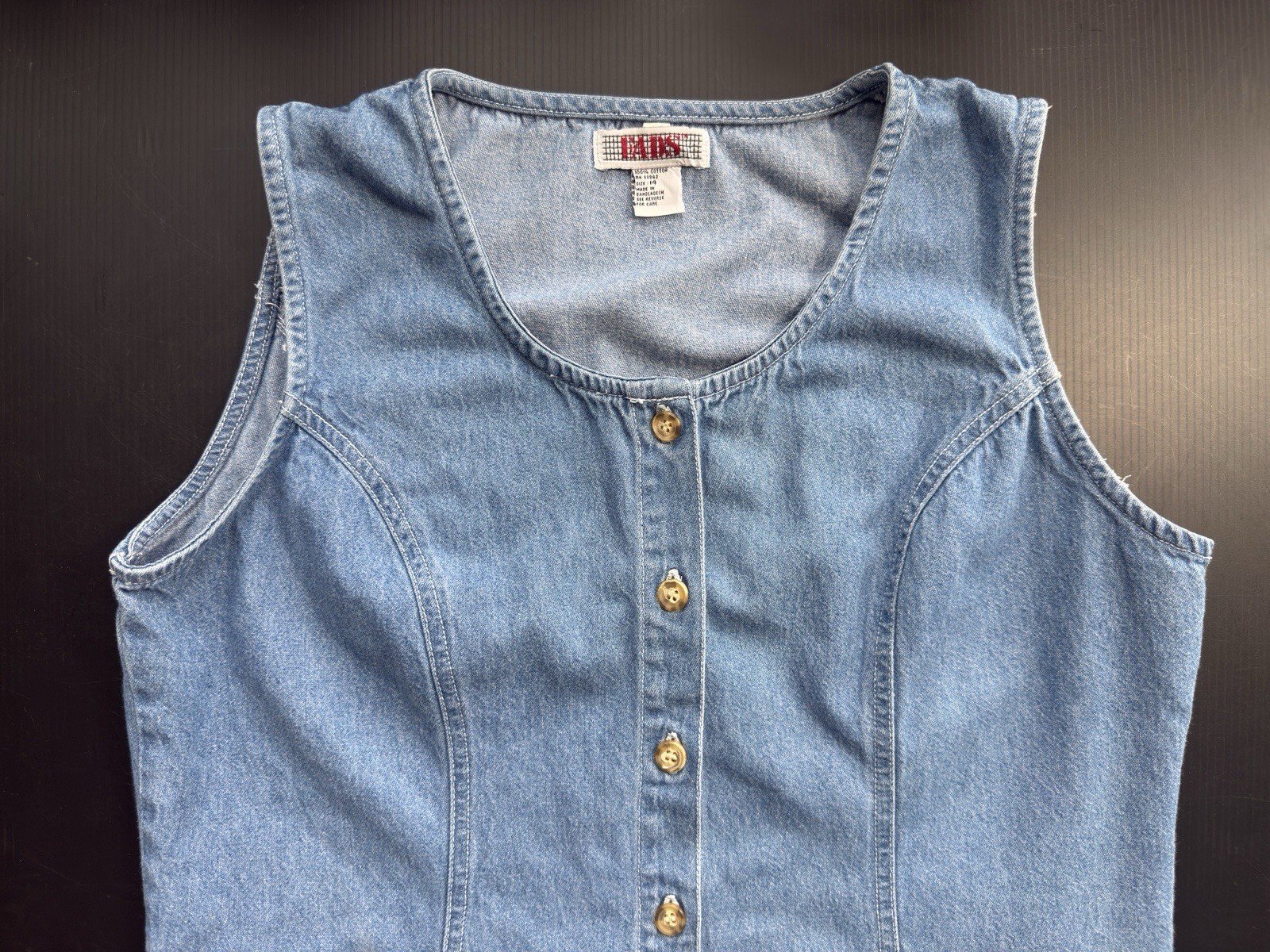 FADS VINTAGE 1980s DENIM DRESS 100% COTTON SIZE 14 SLEEVELESS BUTTON DOWN