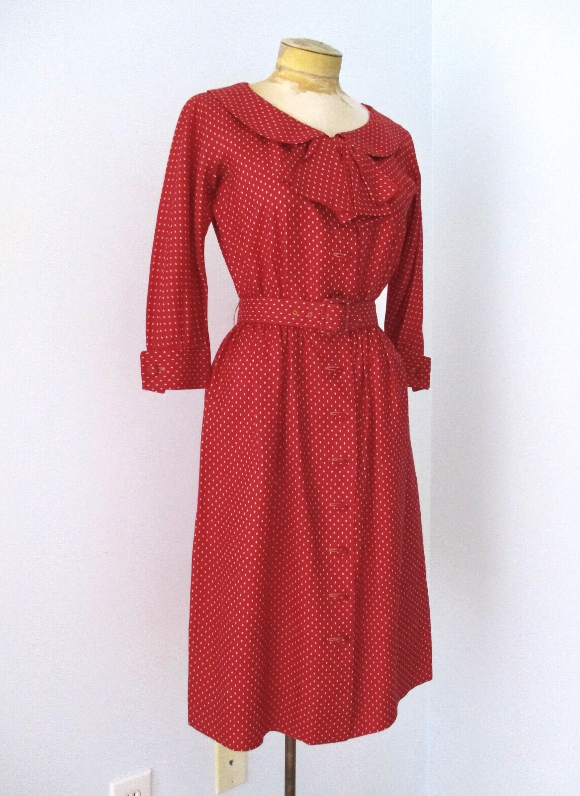 Vtg 50s Rockabilly Red Beige Dots Silk Swing Button Dress Bow Buckle Belt 8