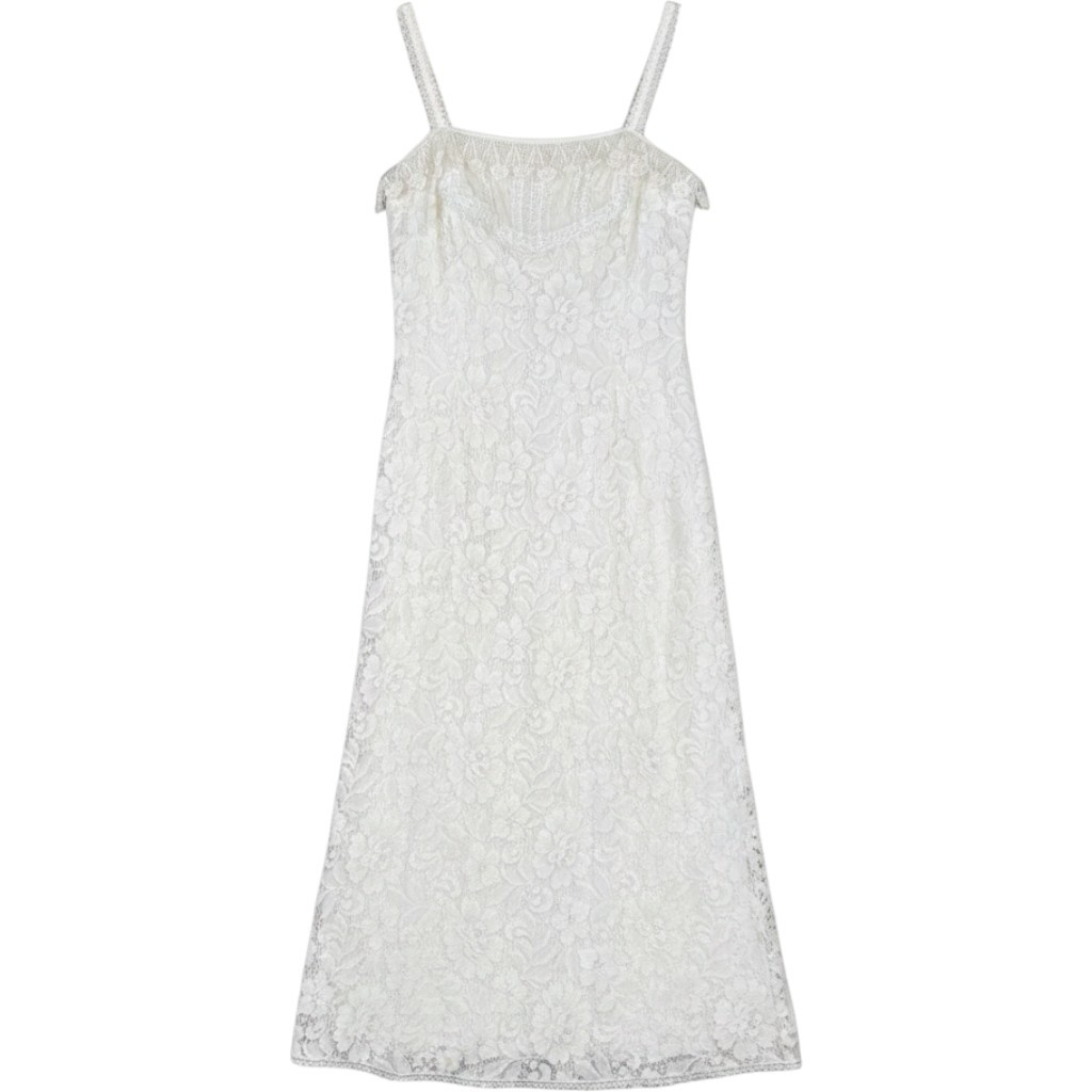 Jessica McClintock Vintage White Floral Lace Maxi Dress Crochet Trim Small USA