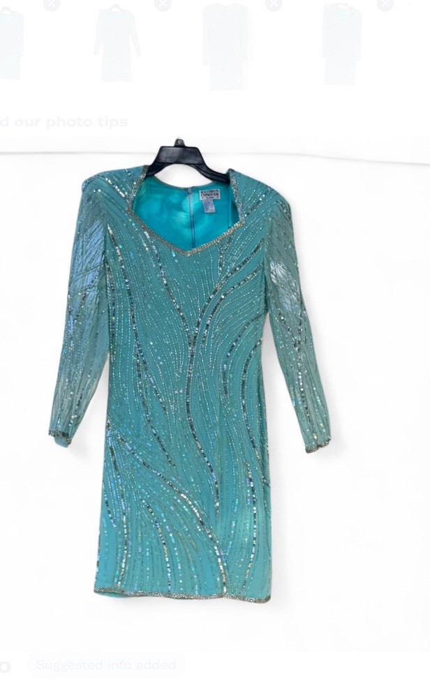 Vintage Kathryn Conover by Night Silk Sequin Beaded Dress Turquoise 80s Glam
