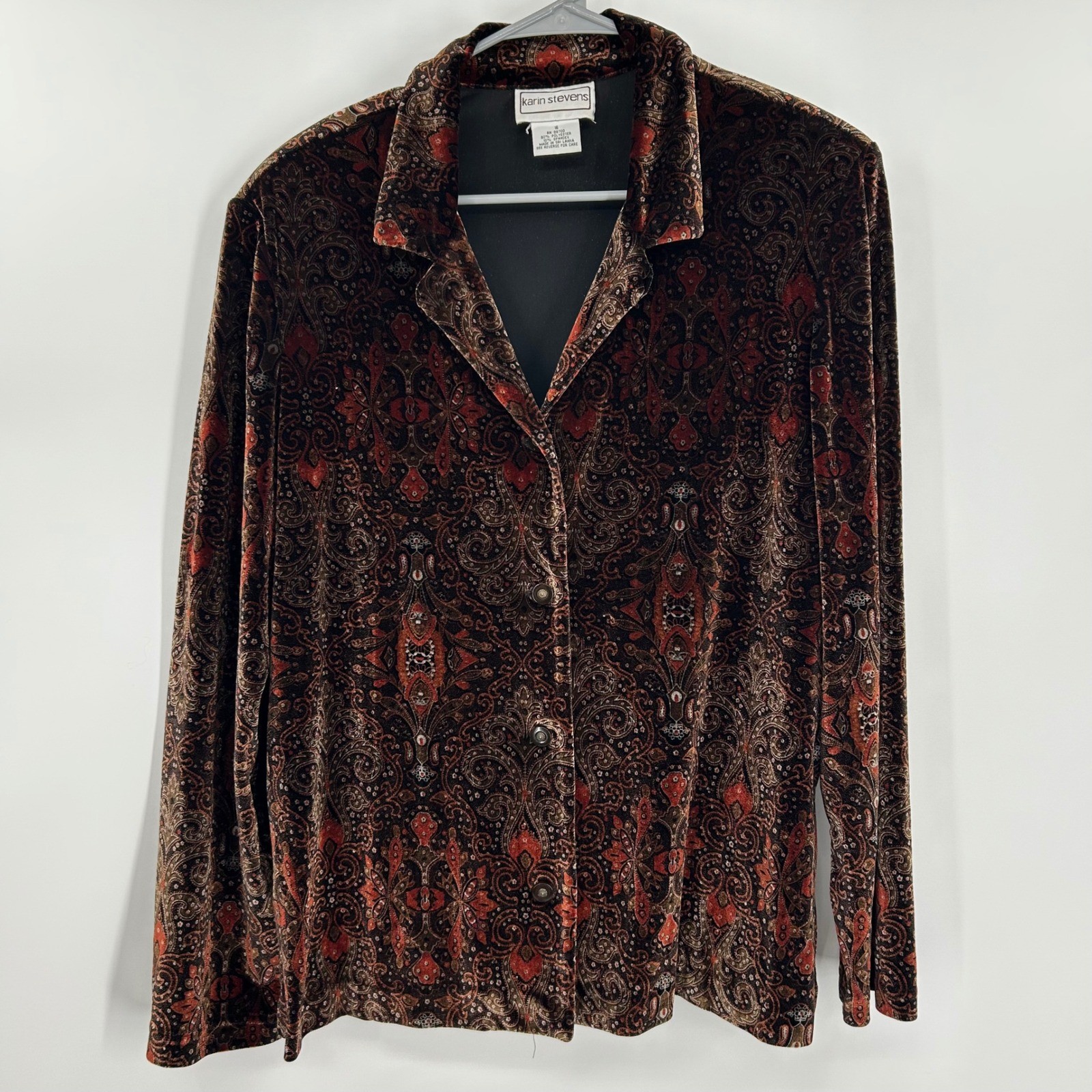 Karin Stevens Vintage 90s Velvet Paisley Button Blouse Metallic Brown 16 y2K