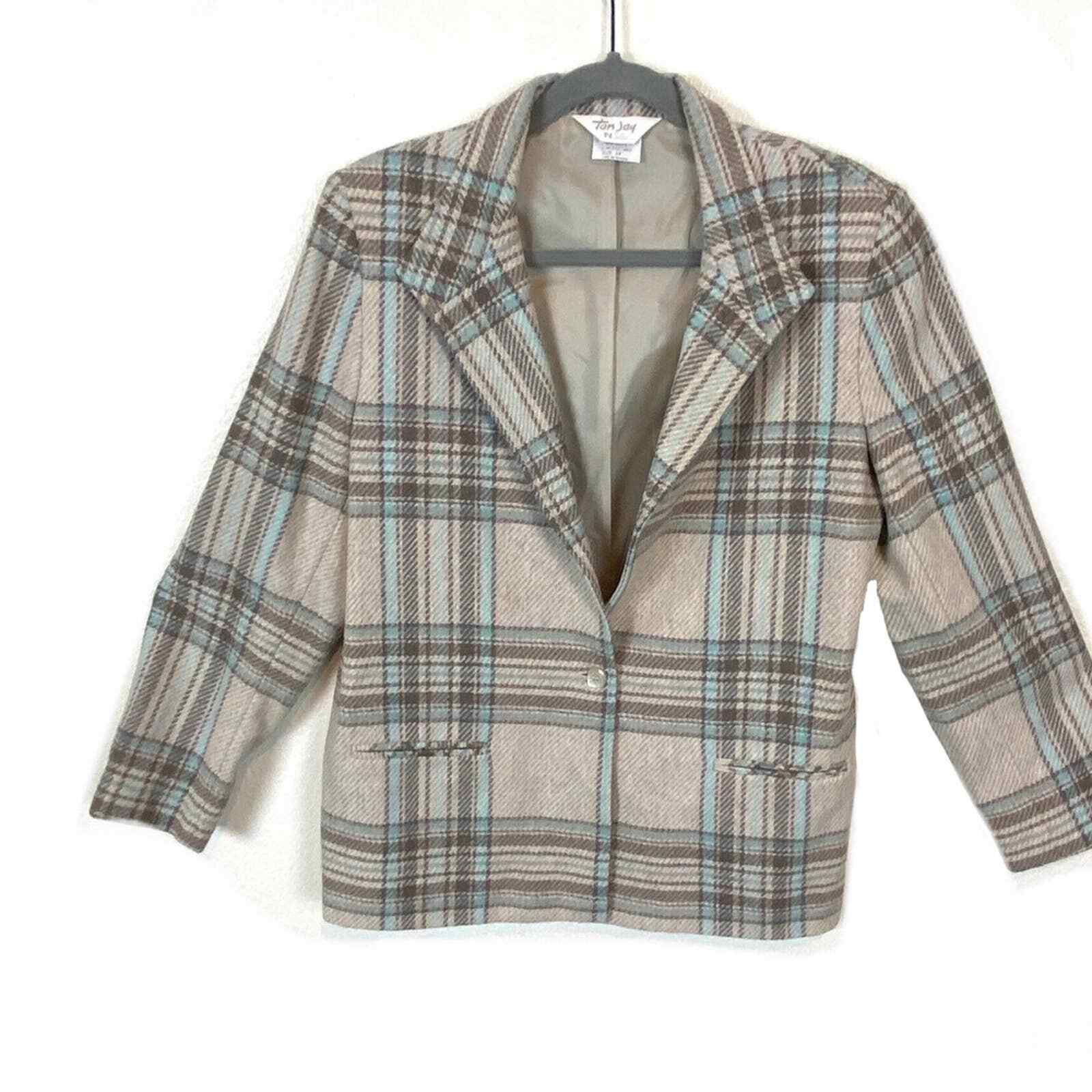 Plaid Preppy Blazer Women’s SZ 14 Taupe Brown Gray Blue Long Sleeve Vtg Tan Jay