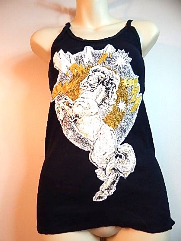 Nos Vintage Black Tank Top T Shirt Lightning Bolt Gold Fantasy Mythical Horse L