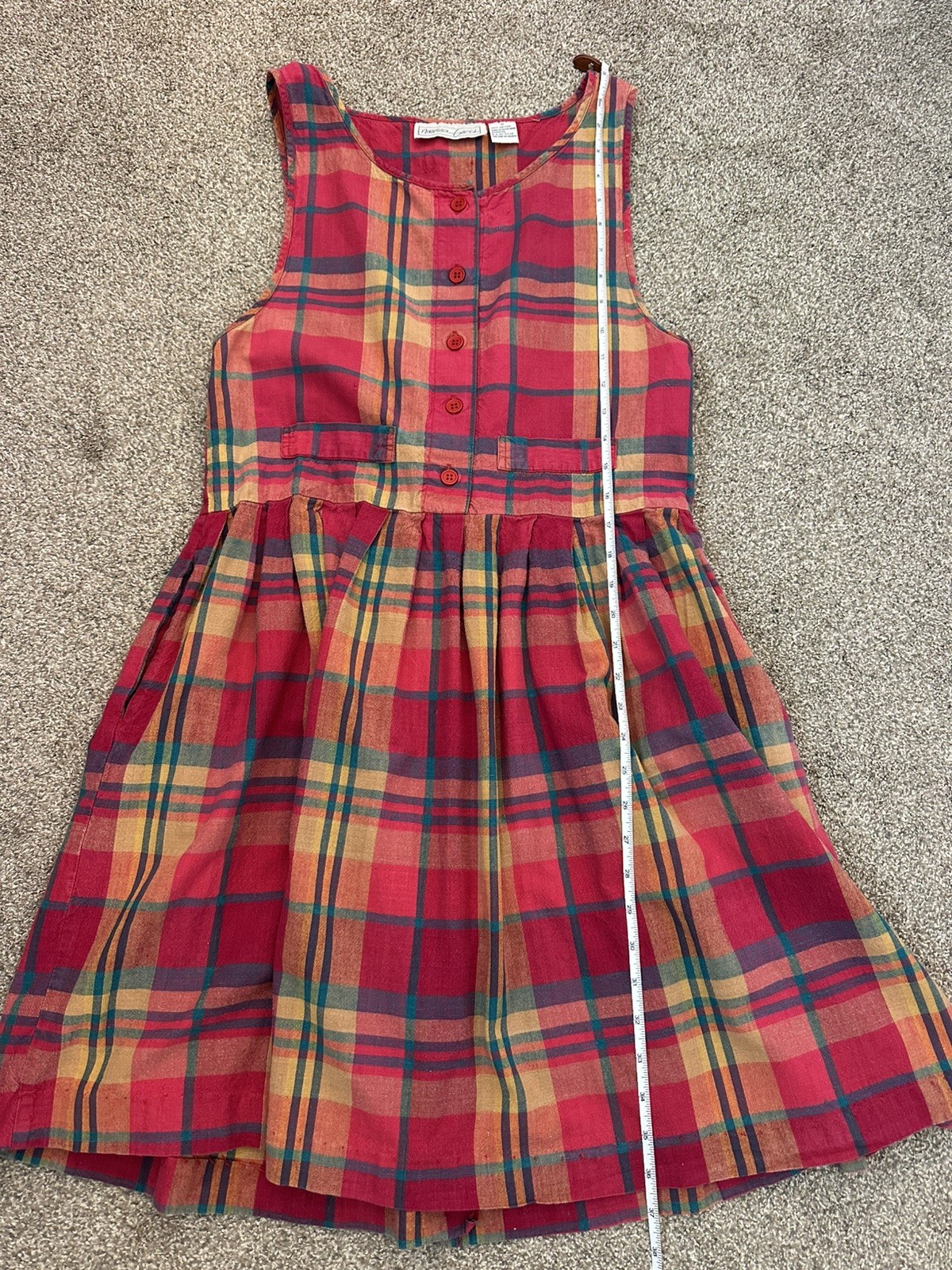 Vintage 80s Midi Dress Plaid Cotton Womens S Drop Waist Button Back Cottagecore