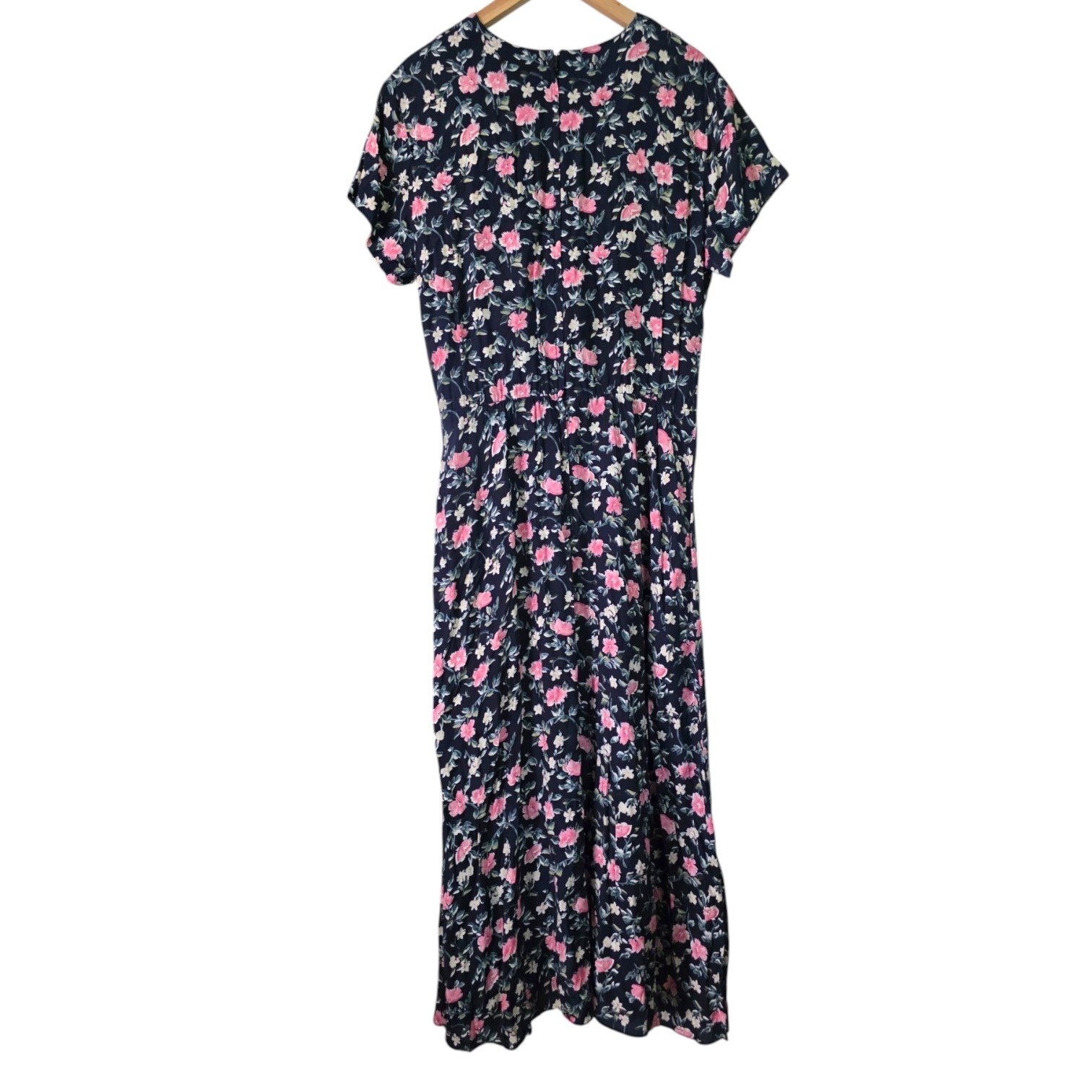 *Flawed* 80s Vintage Cottagecore Navy Pink Floral Rayon Maxi Dress ED Michaels