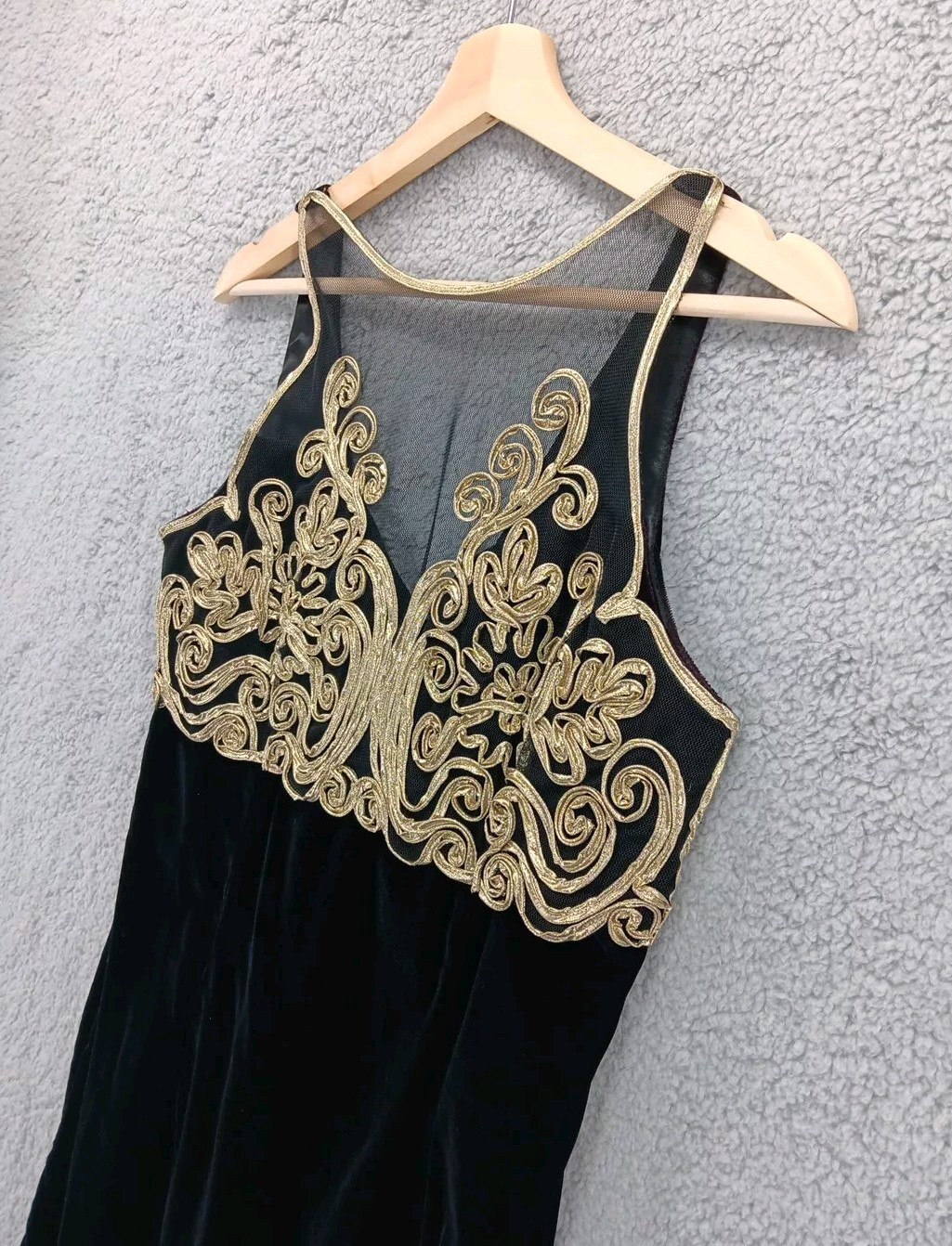 Vtg Scott McClintock Womens Black Velvet Gold Trim 80s Mini Cocktail Dress Sz 12