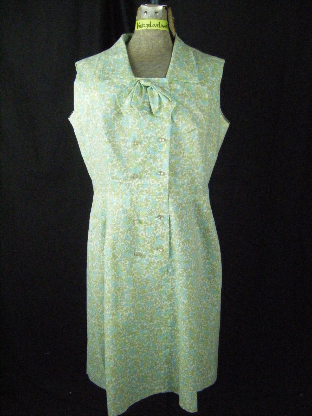 PAT PERKINS Vtg 50s Blue Green Floral Bow Sleeveless Summer Dress-Bust 41/S-M