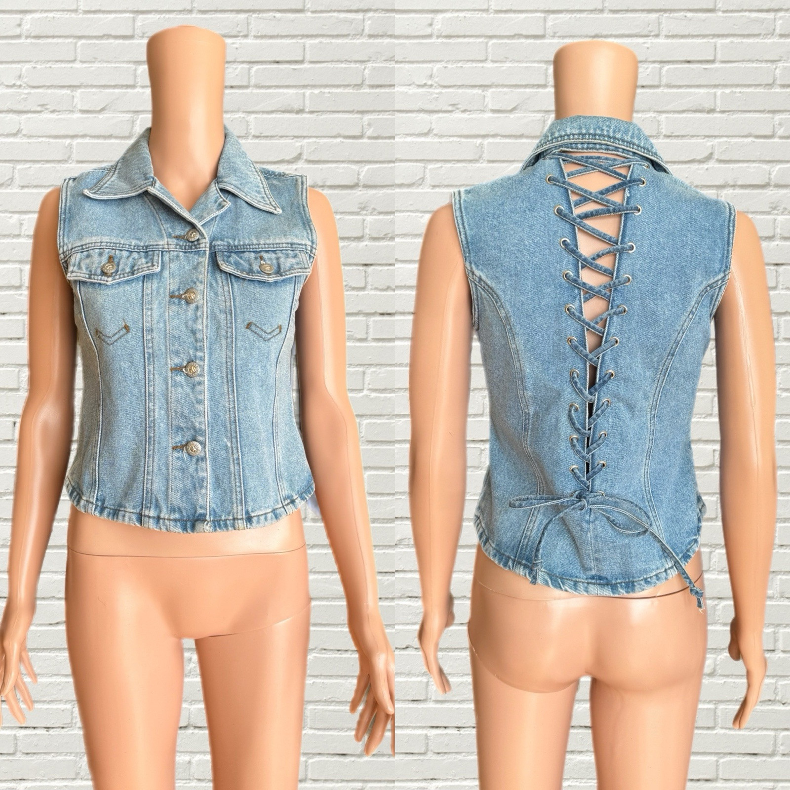 Vintage 80s 90s Denim Vest Top – Zana di – Lace Up Back