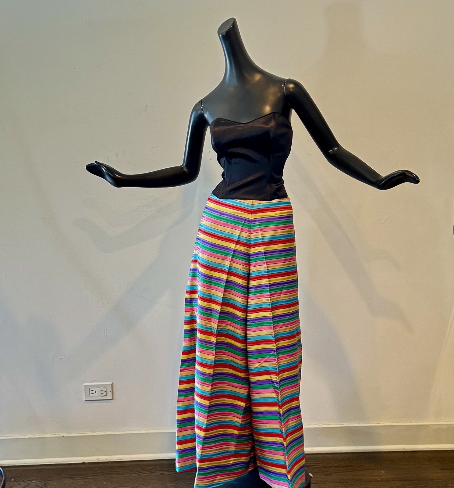 Vtg 60s 70s Rainbow Skirt Skort Palazzo Dress Pants Red Pink Purple Blue Green S