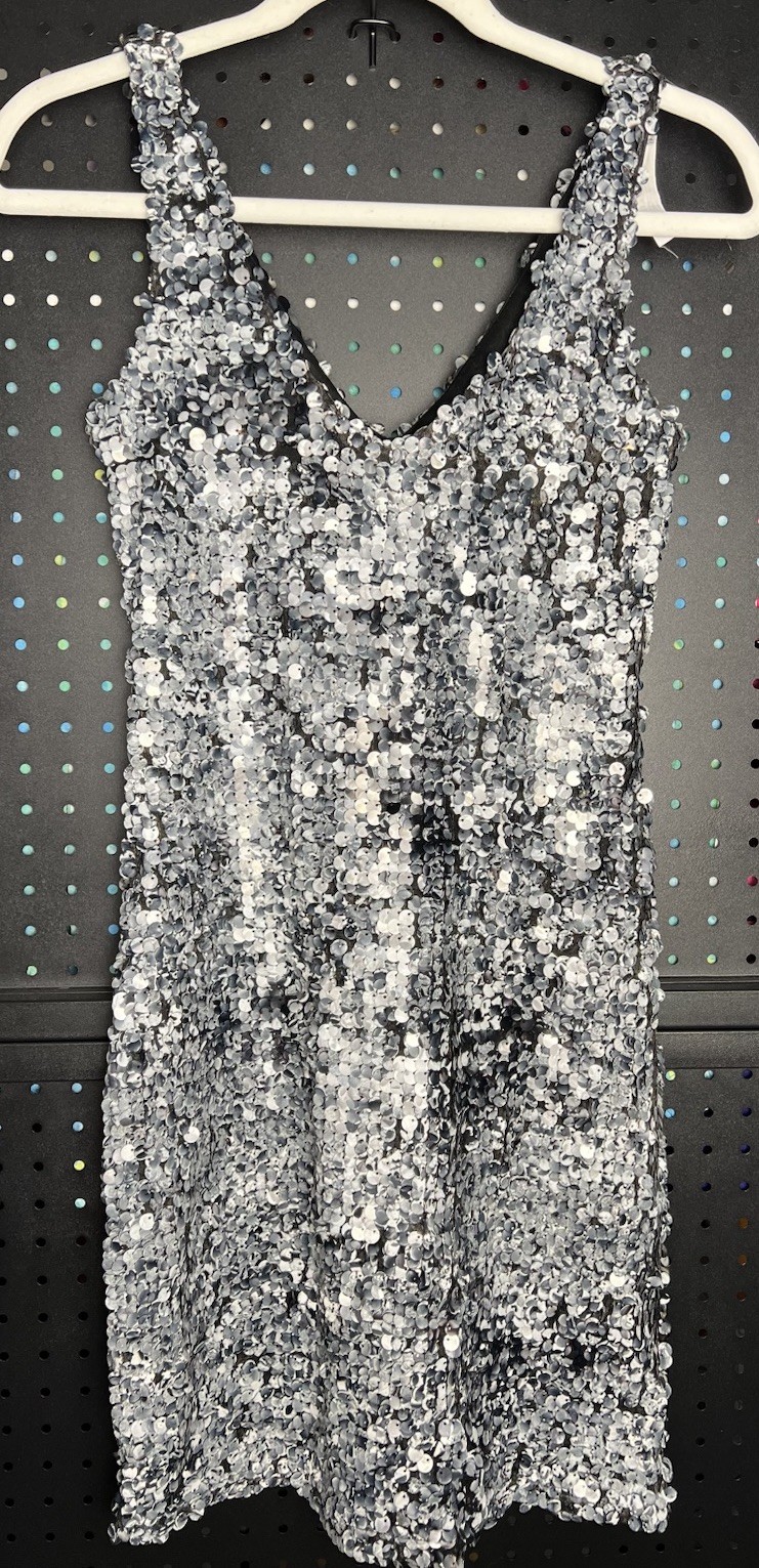 Vintage Sears Silver Black Sequin Dress Womens 12 Sleeveless Cocktail Party