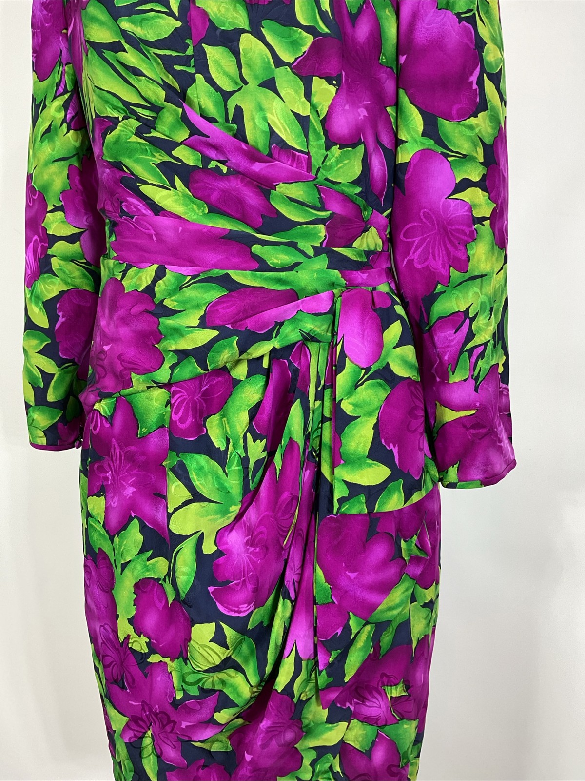 80s VTG AJ Bari Evening Dress Bright Floral Faux Wrap Ruched Puffy Sleeve 12