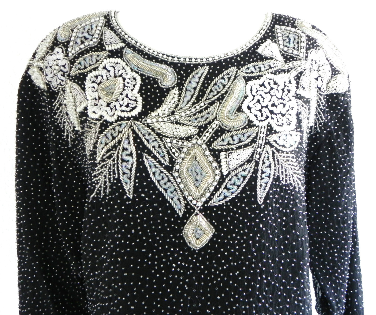 Vtg Together Top Silk Bead/Sequin Trim Padded Shoulder/Long Sleeve Lined Size M