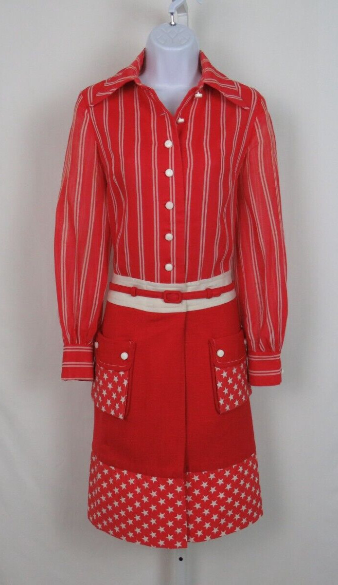 VTG 1950s HOWARD WOLF RED SHIRT DRESS WHITE STARS STRIPES BELT LINEN BLEND