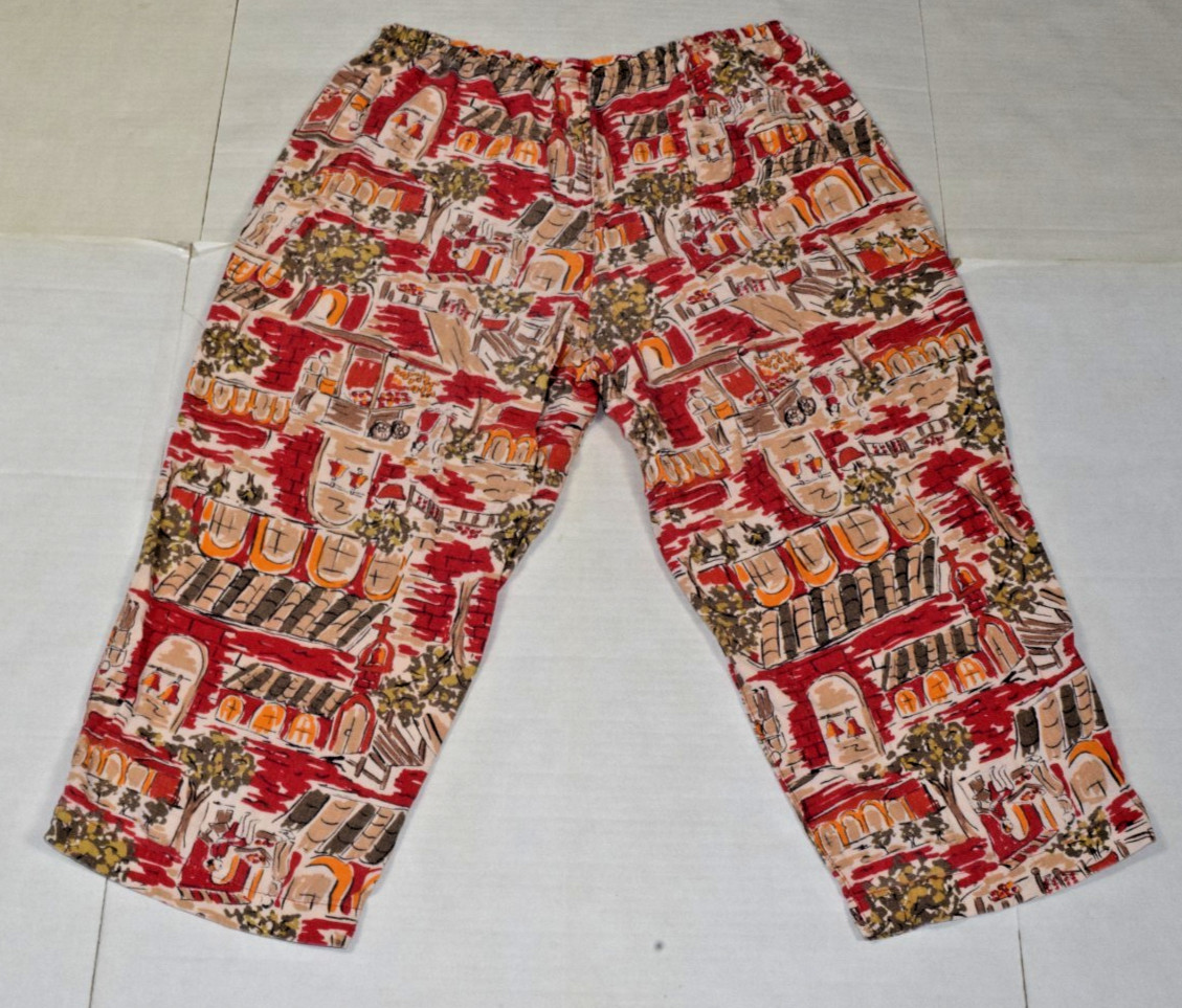 Vintage Womens Cropped Pull On Pant Size L 90s Terracotta Red French Villa Print