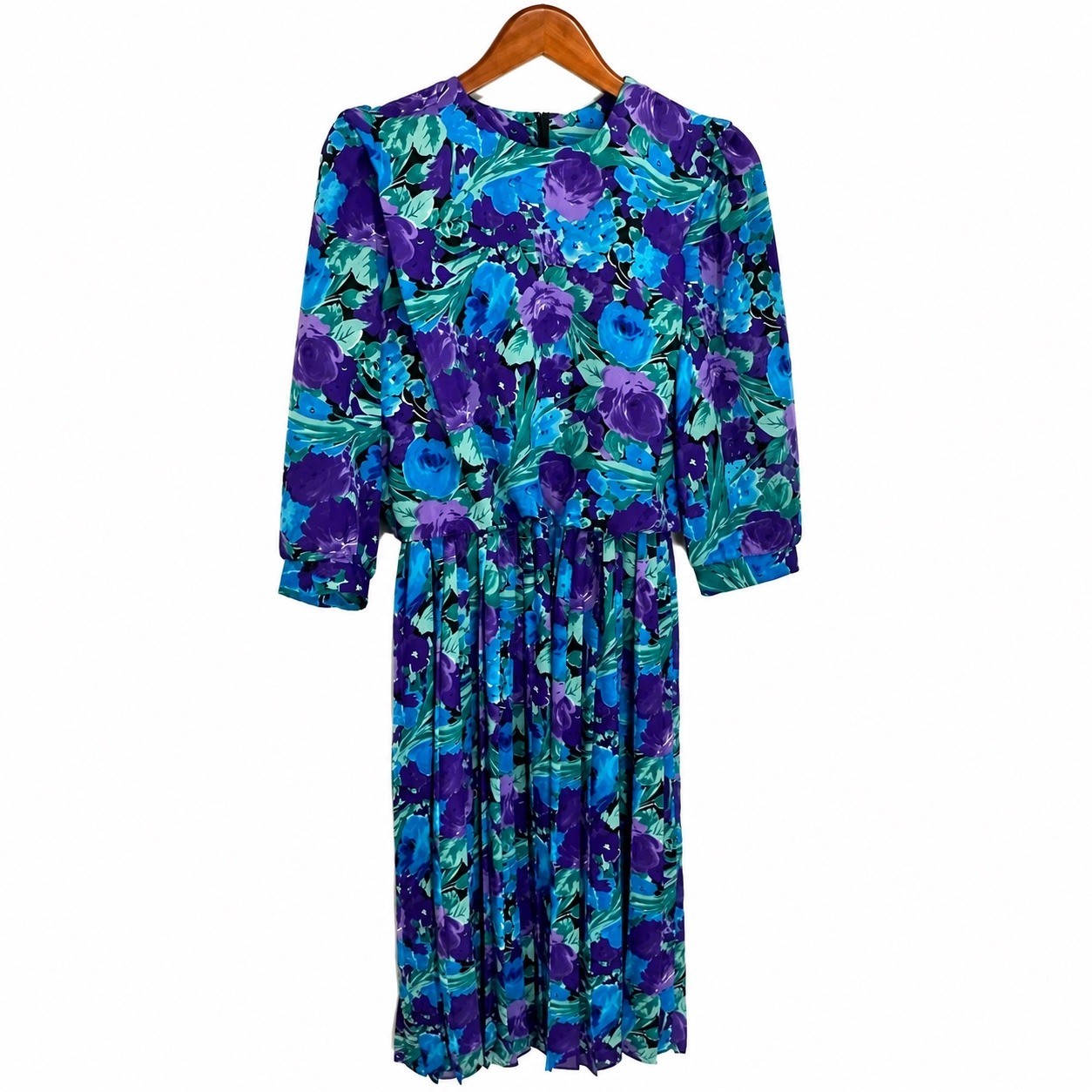 V.L.P. Petites Vintage Floral Pleated Midi Dress Purple Blue Teal 80s VTG 10P