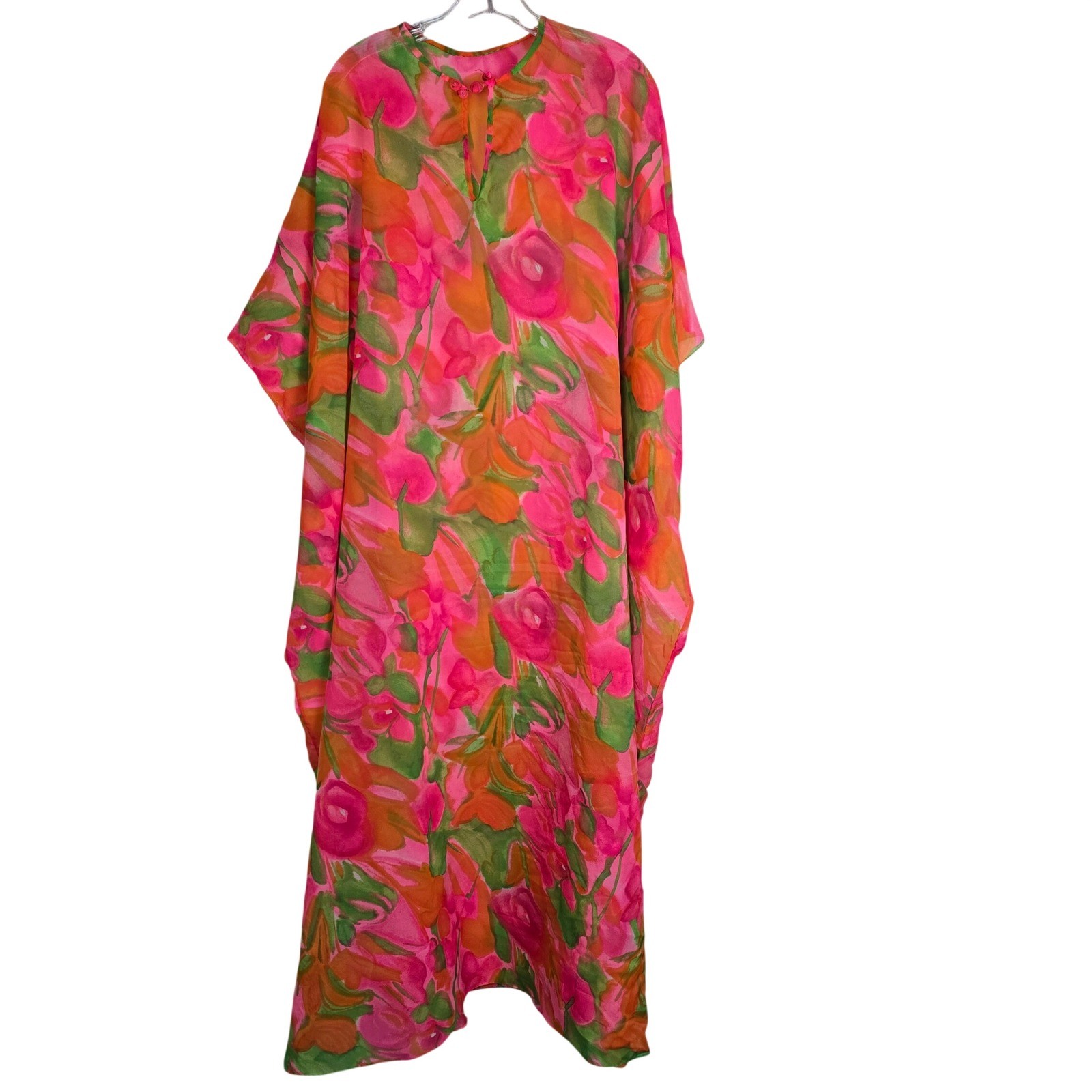 VTG 70s Georgie Keyloun Floral Caftan Dress Sheer Neon Pink Orange ILGWU READ
