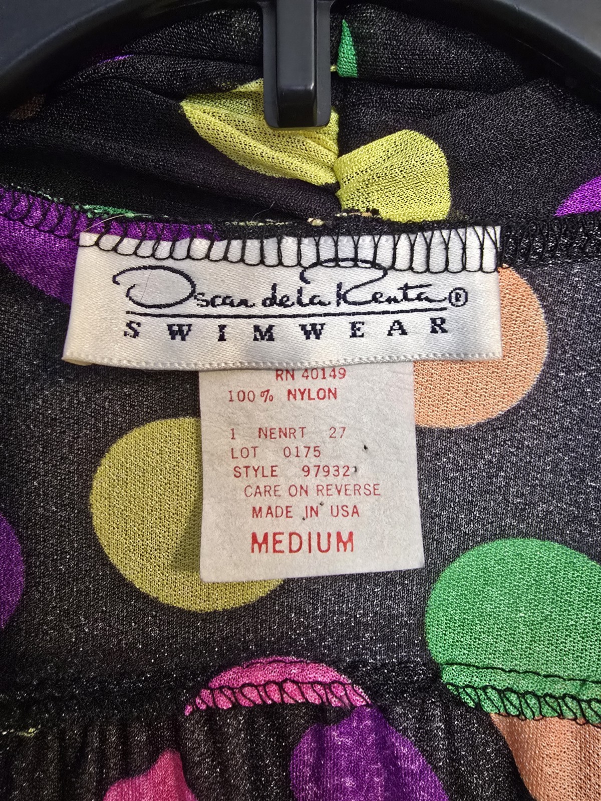Vintage Oscar de la Renta Swimwear Cover Up Black W/ Ylw/Pink/Grn/Pur Polka Dots