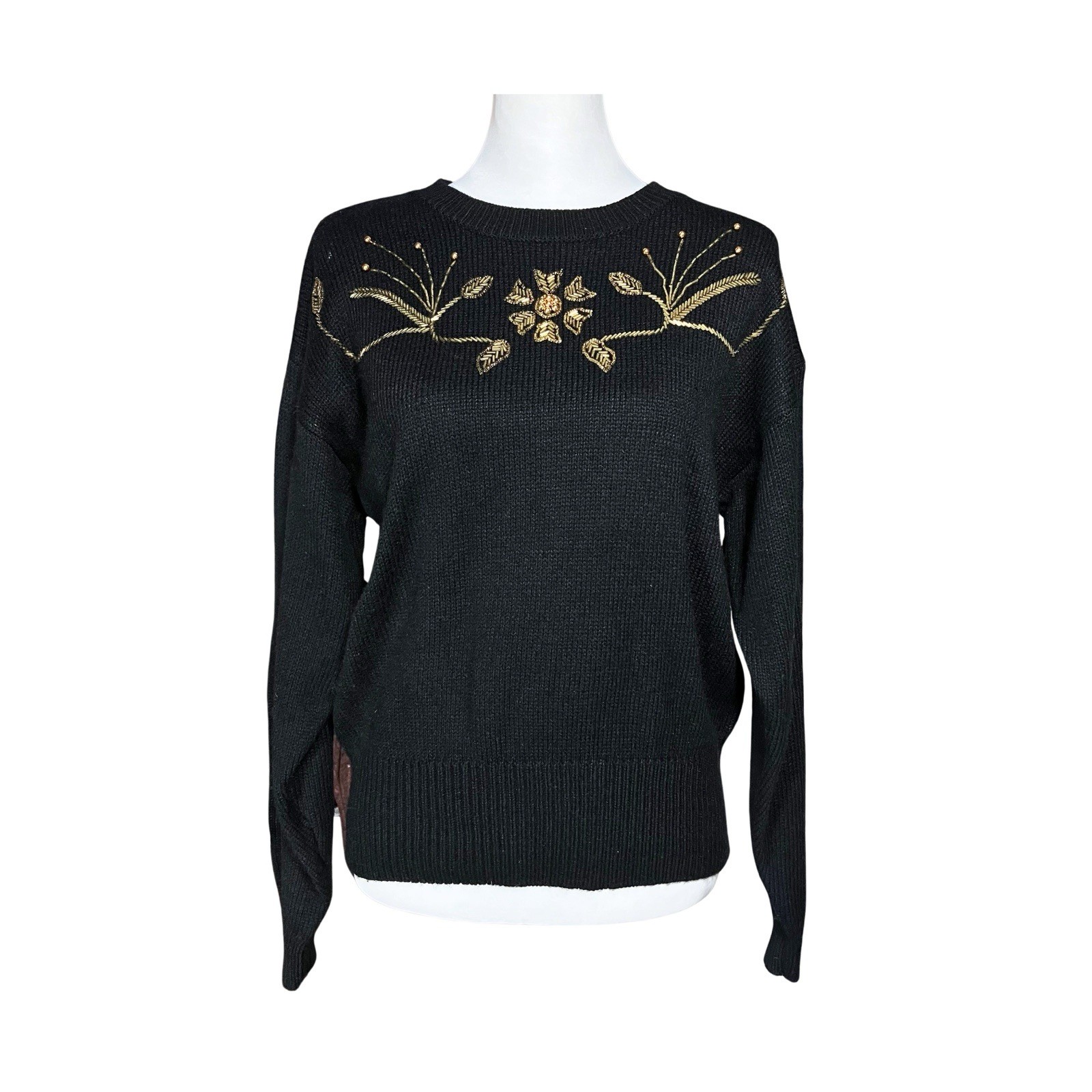 Vintage 90s Black Russ Sweater with Gold Floral Beading. S/M. Retro, Maximalism