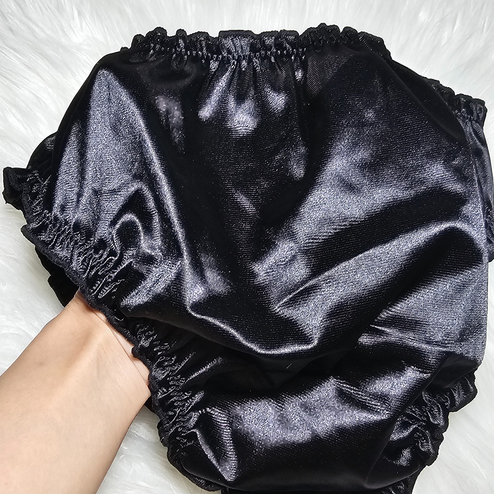 Glossy Nylon Satin Panty Liquid Black Bikini Sissy Ruffle Brief Sz. 8 Hip 40-44″
