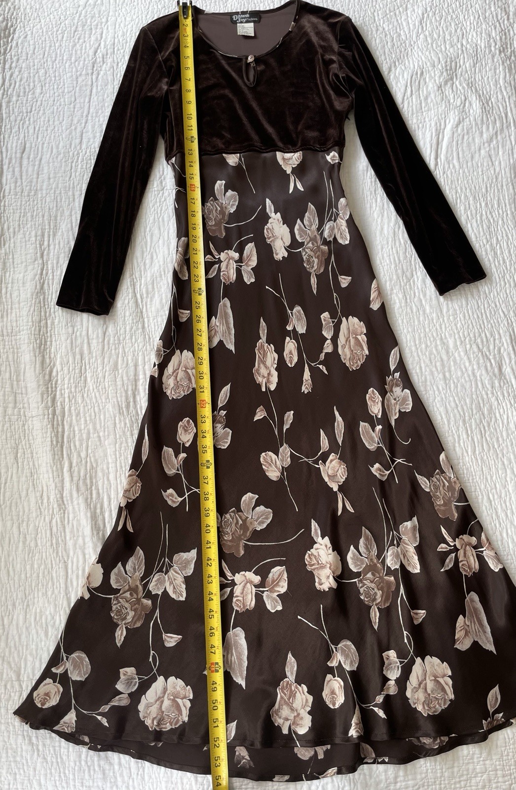 Vintage S M Dress Maxi Velour Satin Rose Floral print 90s Brown VGUC