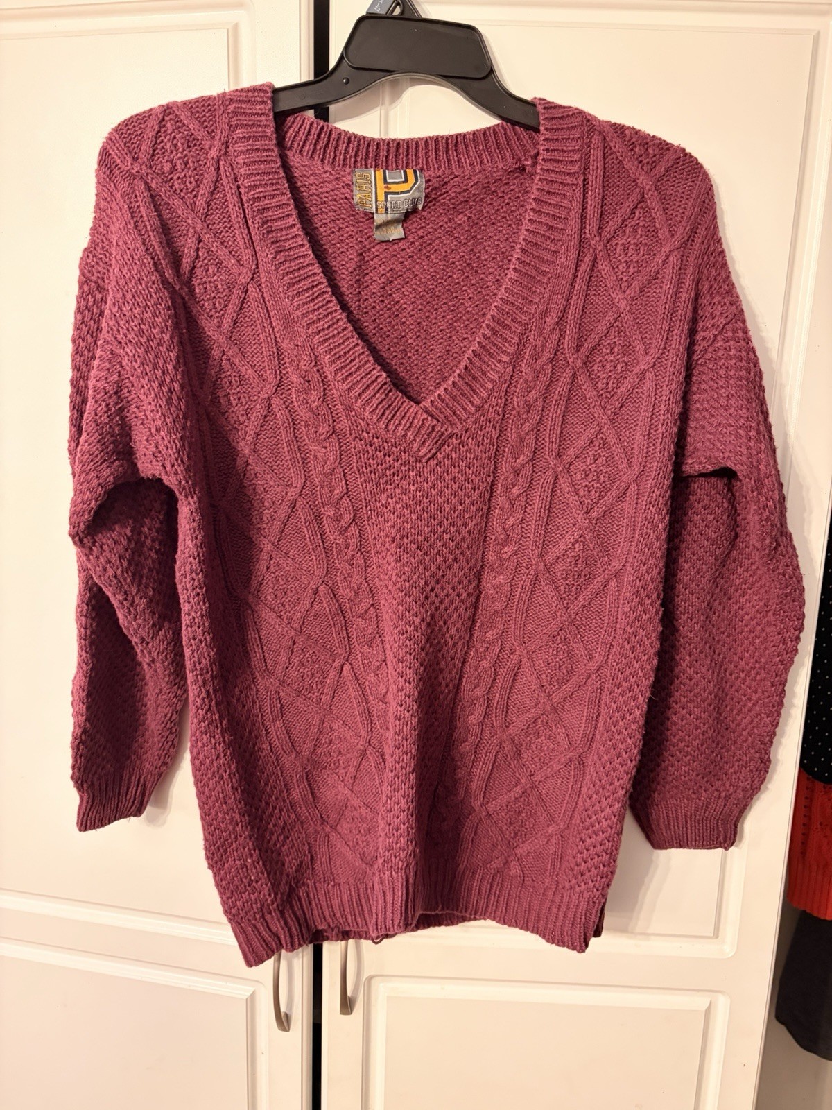 Vintage 80’s Paris Sport Club Burgundy Cable-Knit V-Neck Sweater Women’s L