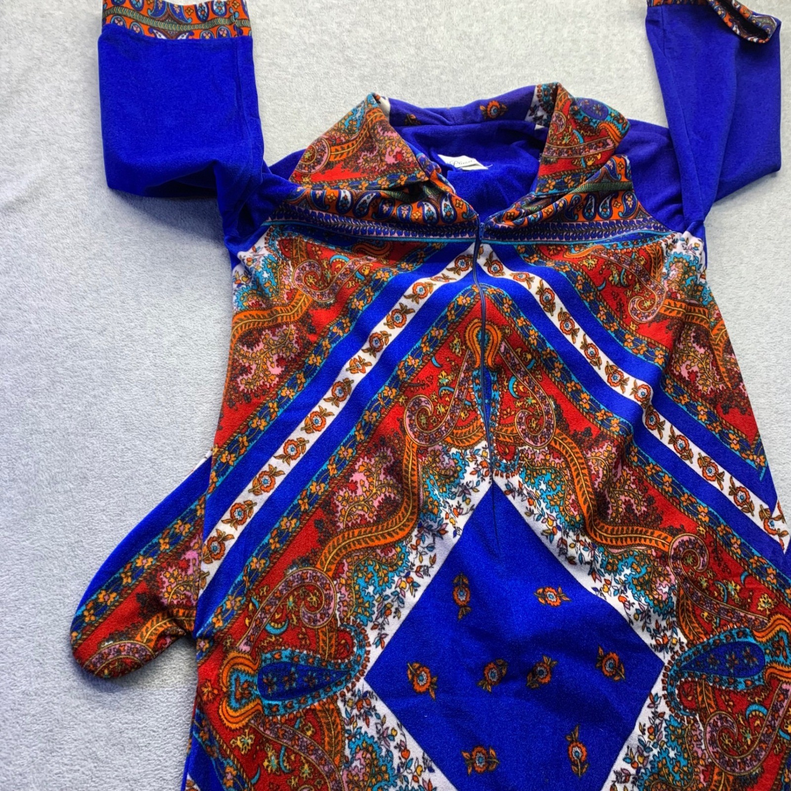 Vtg Plaza 9 Blue Psychedelic Paisley Geometric Velour Robe House Dress 70s Sm/Md