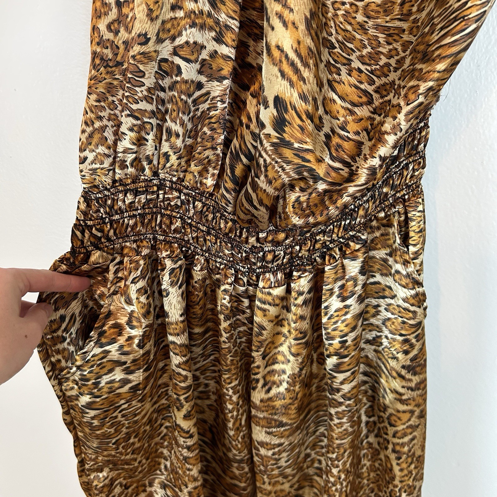 Vintage 60s Leopard Sateen Capri Balloon Pant Jumpsuit Sz XL Ruffe Neck Animal