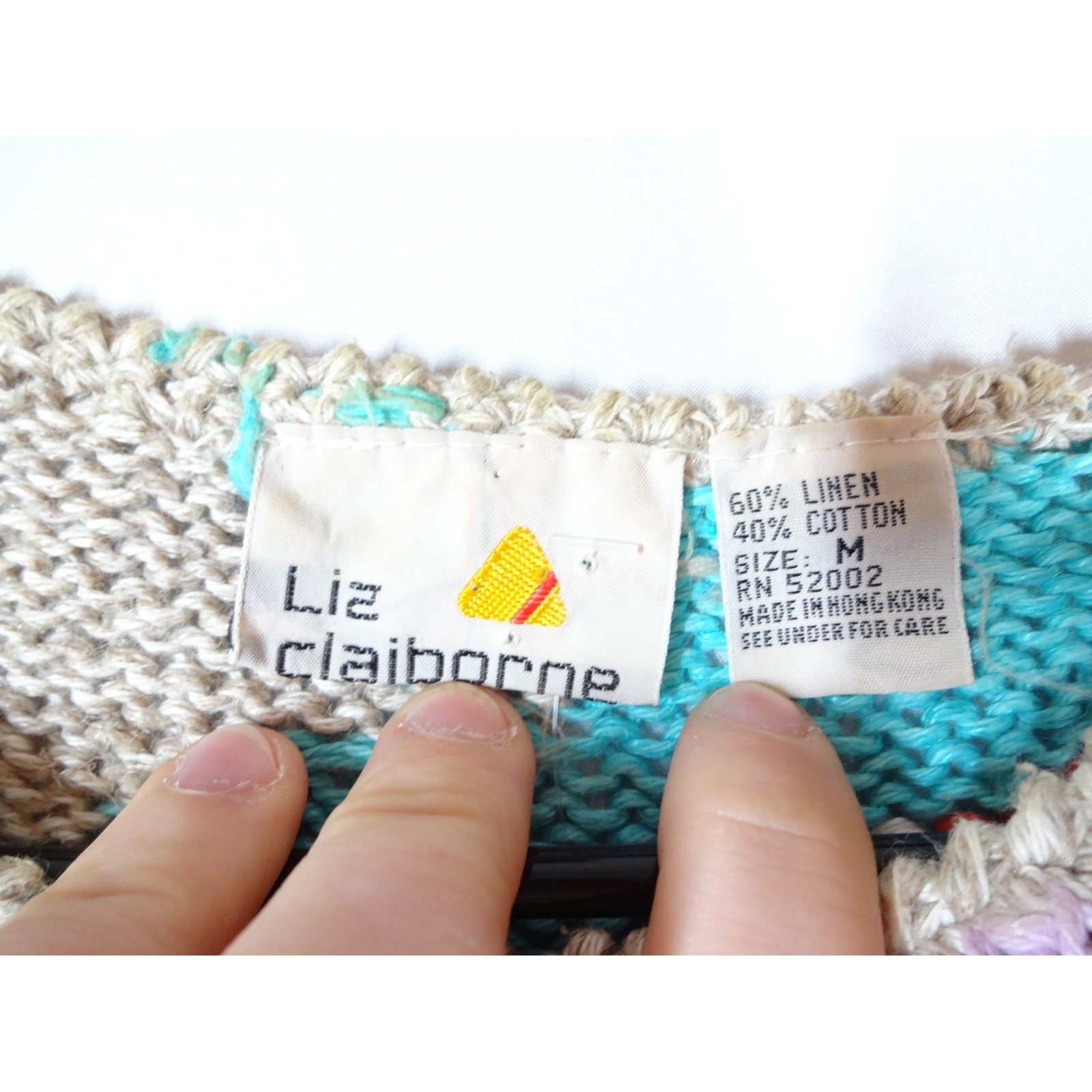 VTG Liz Claiborne Knit Top Womens Med Beige Floral Linen Cotton 80s Colorblock