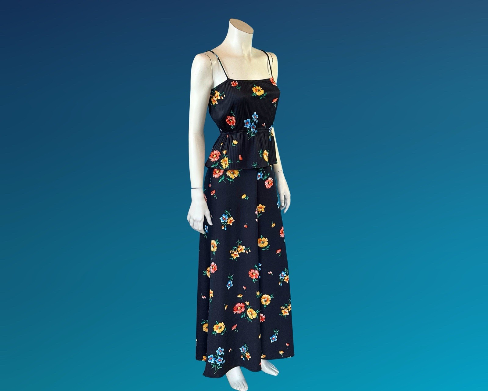 70s Boho Black Floral Print Peplum Maxi Sundress / S XS