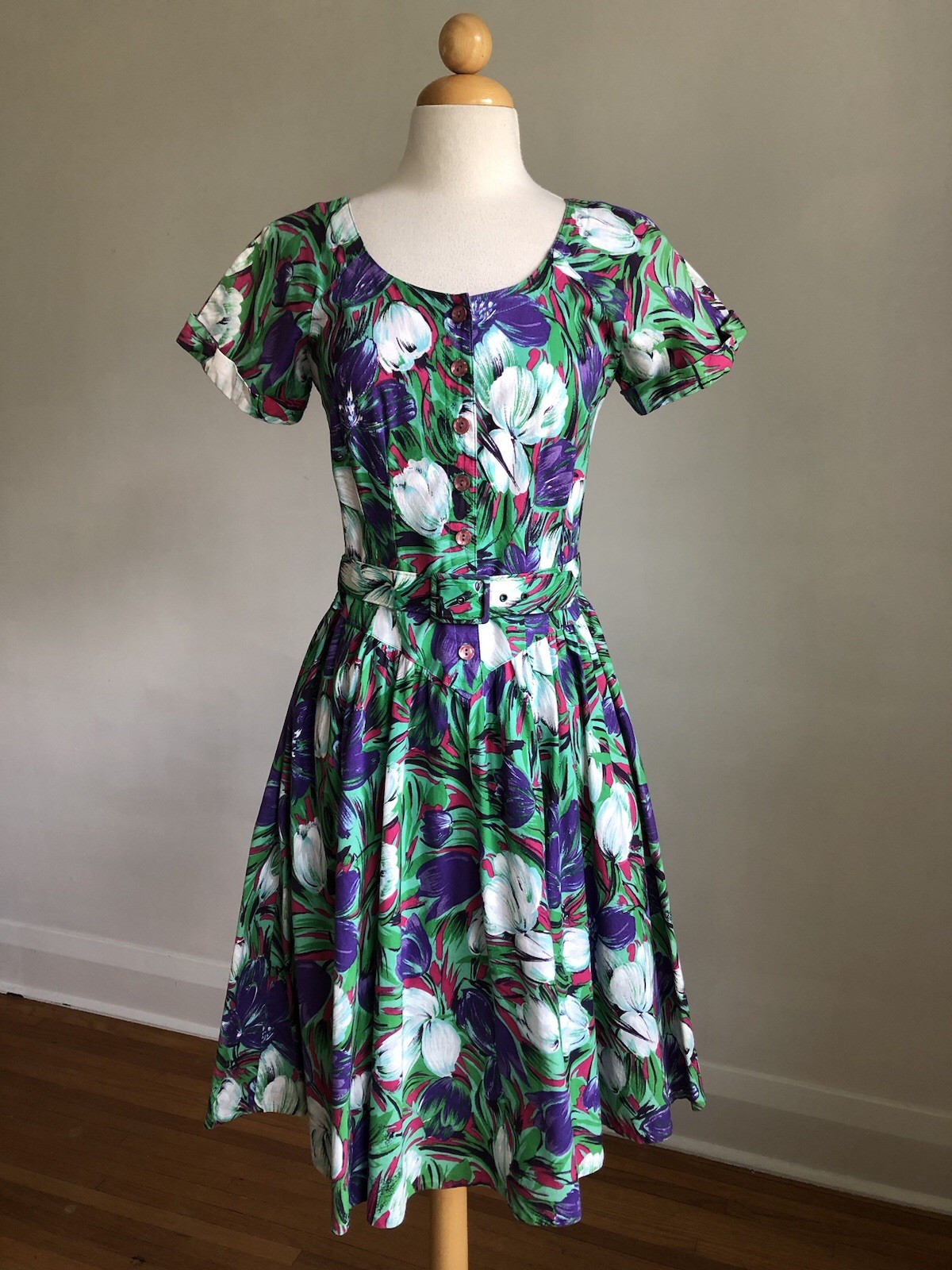 BEAUTIFUL VTG S.L. PETITES Floral 100% Cotton Full-sweep Belted Day Dress XS/S