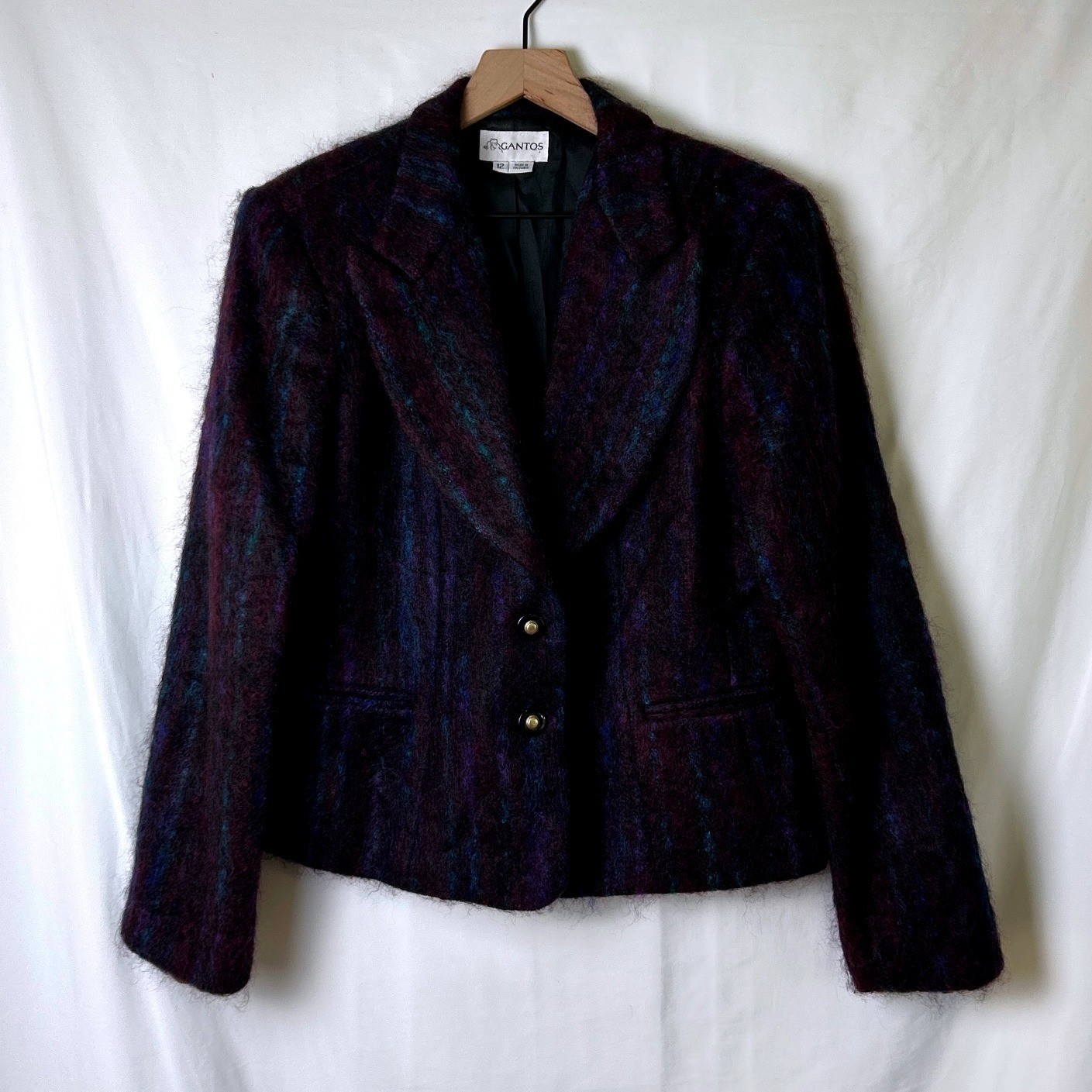 Gantos Women Vintage Mohair Wool Blend Fuzzy Striped Blazer Size 12 Purple Multi