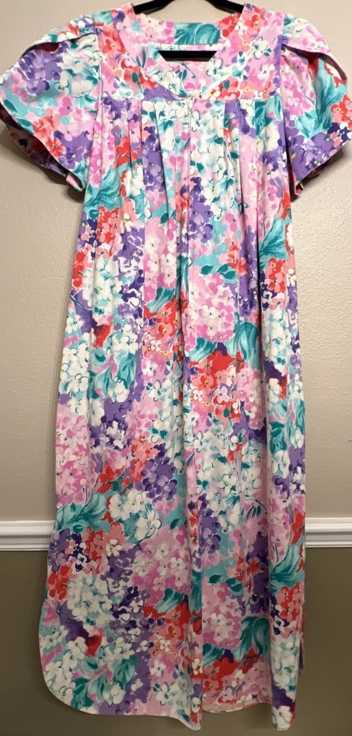 Vintage Ruth Norman Zip House Dress Mumu Small Watercolor Floral Lounge USA