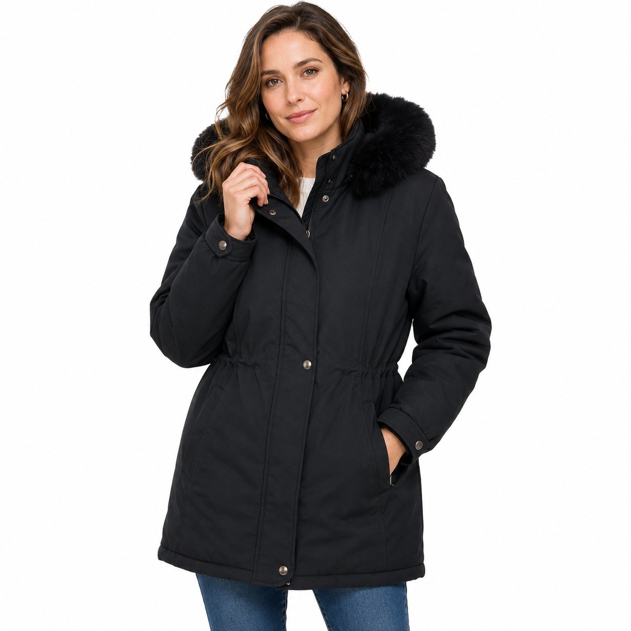 Vintage Bromley Sport Faux Fur Hooded Parka Coat Jacket Womens Large Black EUC
