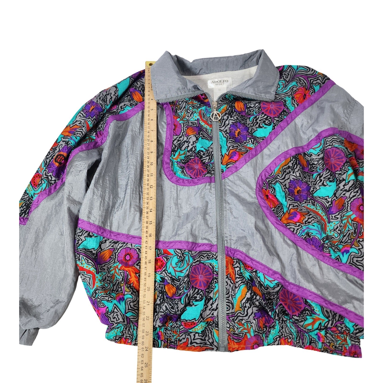Adolfo Sport Vintage 90s Retro Windbreaker Jacket Silver Floral Abstract Zip M